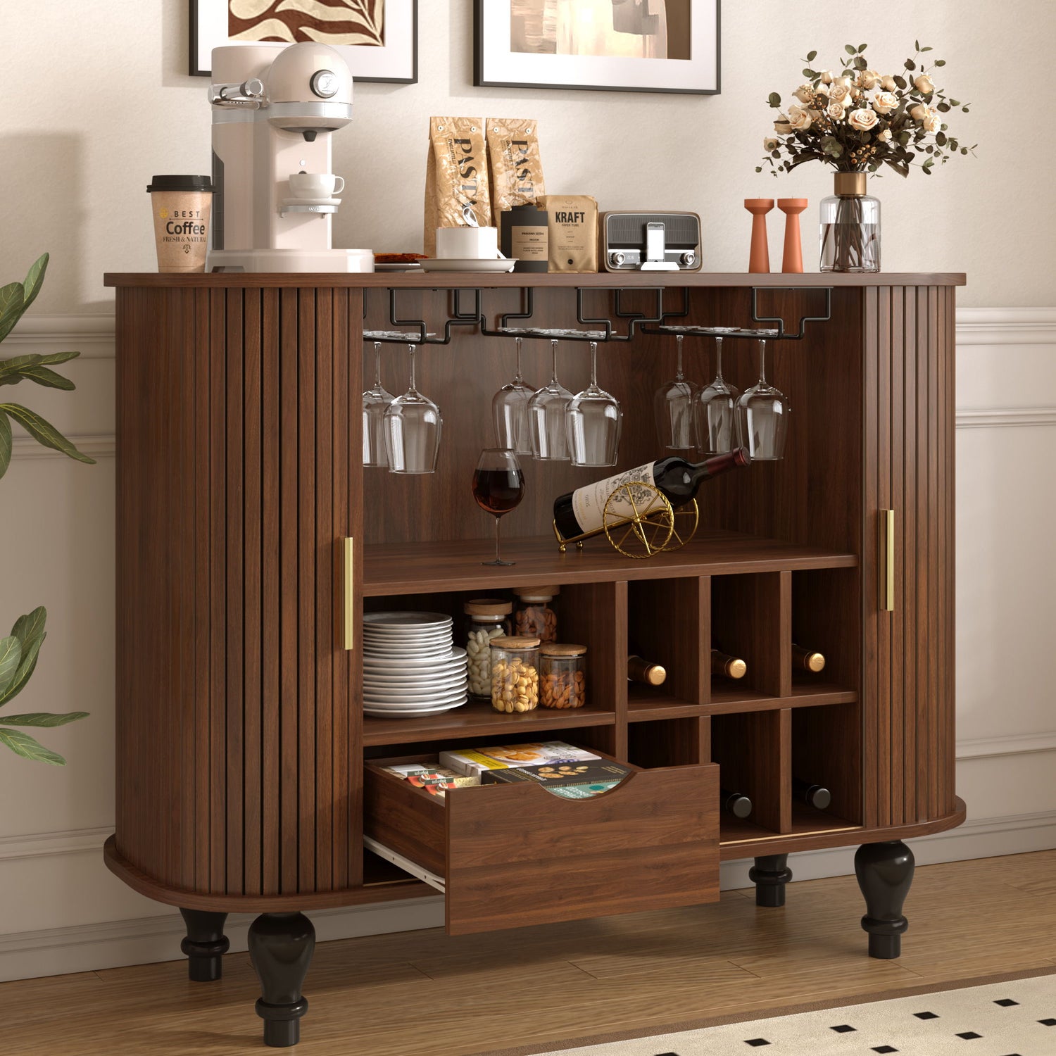 Fluted Liquor &amp; Coffee Bar Cabinet With 6 Wine Racks And 3 Glass Holders