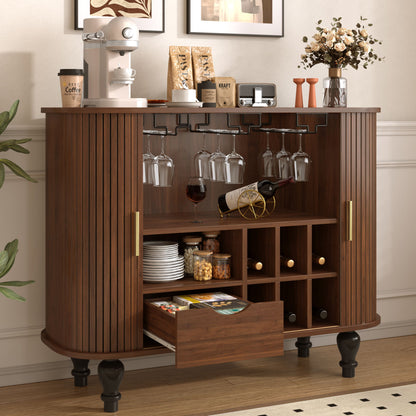 Fluted Liquor &amp; Coffee Bar Cabinet With 6 Wine Racks And 3 Glass Holders