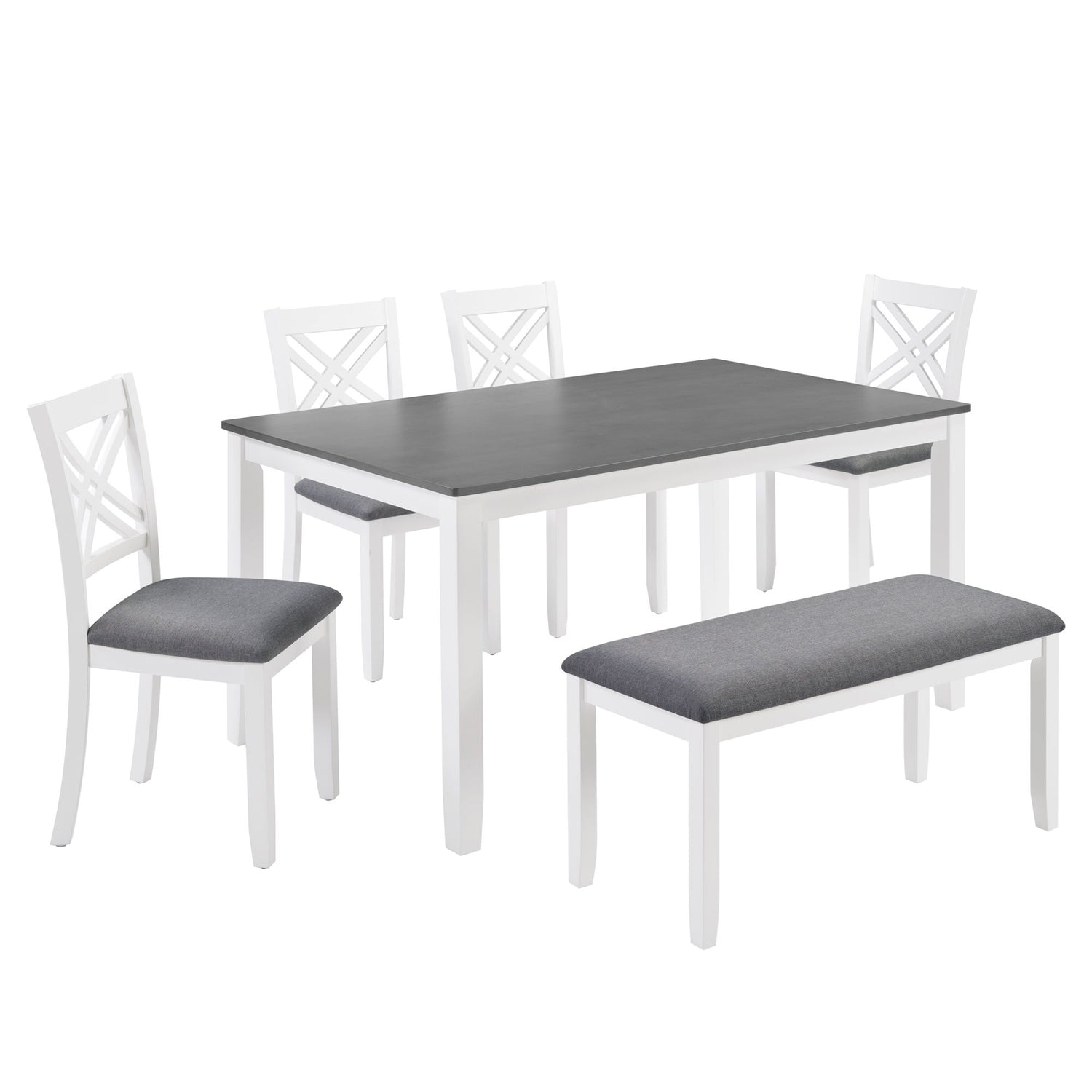 6 Piece Kitchen Dining Set, Rectangular Dining Table With 4 Upholstered Chairs And Bench - Gray / White