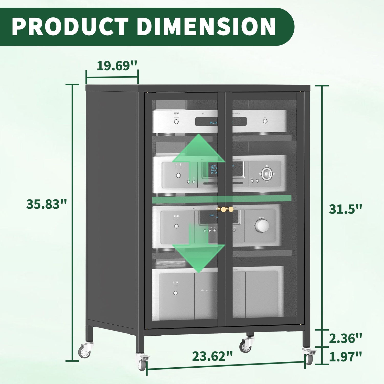 Media Storage Cabinet With Wheels, 4 Adjustable Glass Shelves &amp; Door, Heavy-Duty - Black
