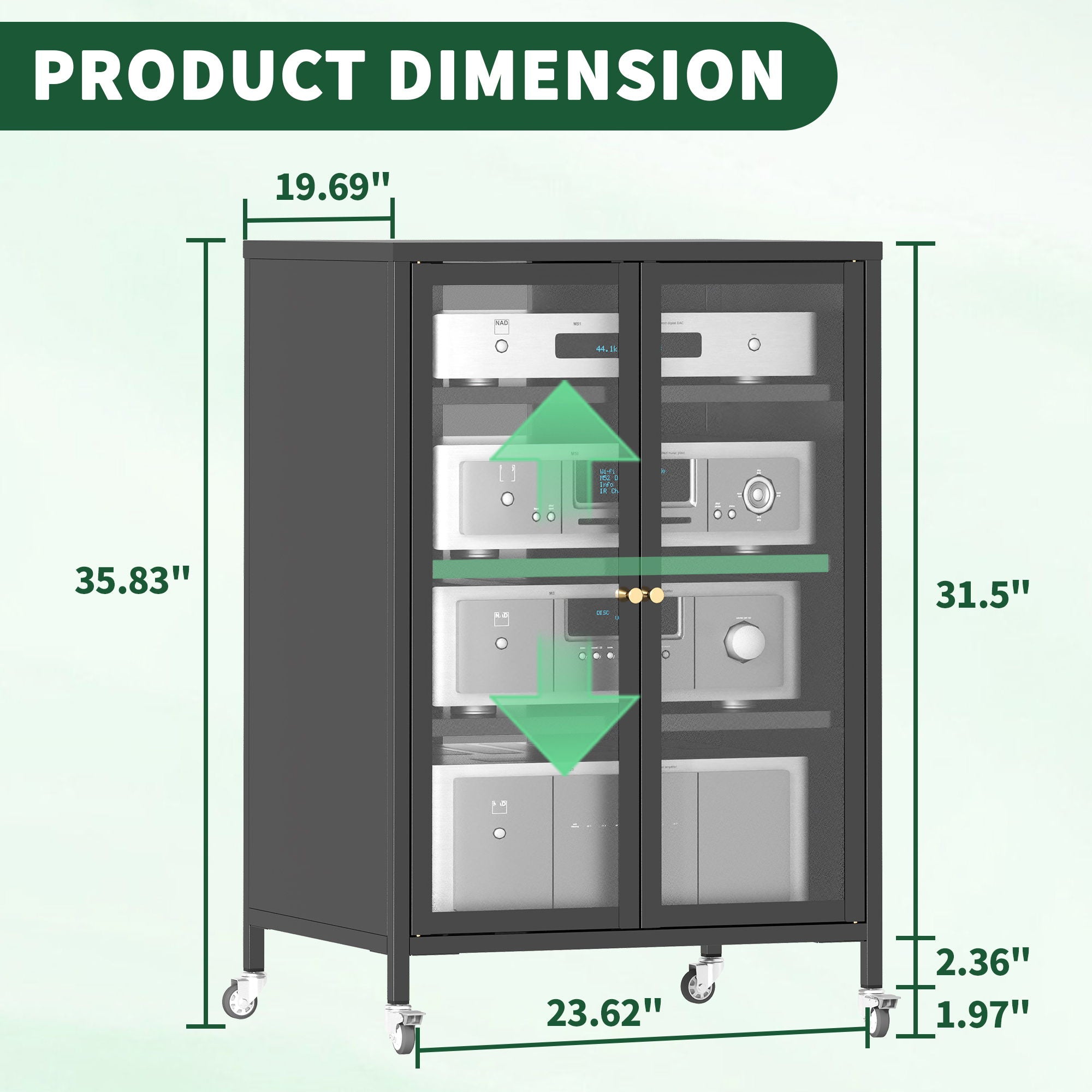 Media Storage Cabinet With Wheels, 4 Adjustable Glass Shelves &amp; Door, Heavy-Duty - Black