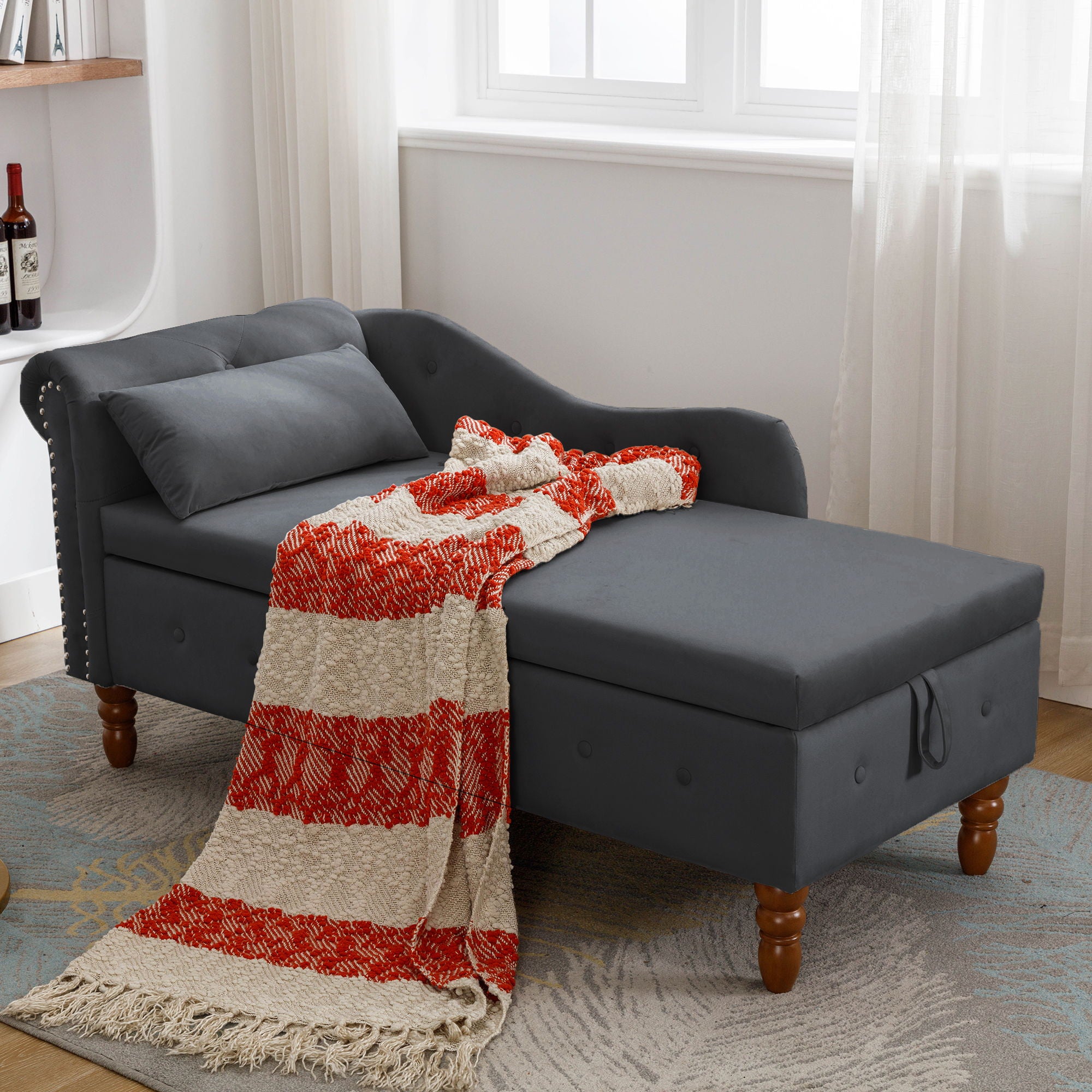 Chaise Lounge Indoor, Velvet Lounge Chair For Bedroom With Storage &amp; Pillow, Modern Upholstered Rolled Arm Chase Lounge For Sleeping With Nailhead Trim For Living Room Bedroom Office