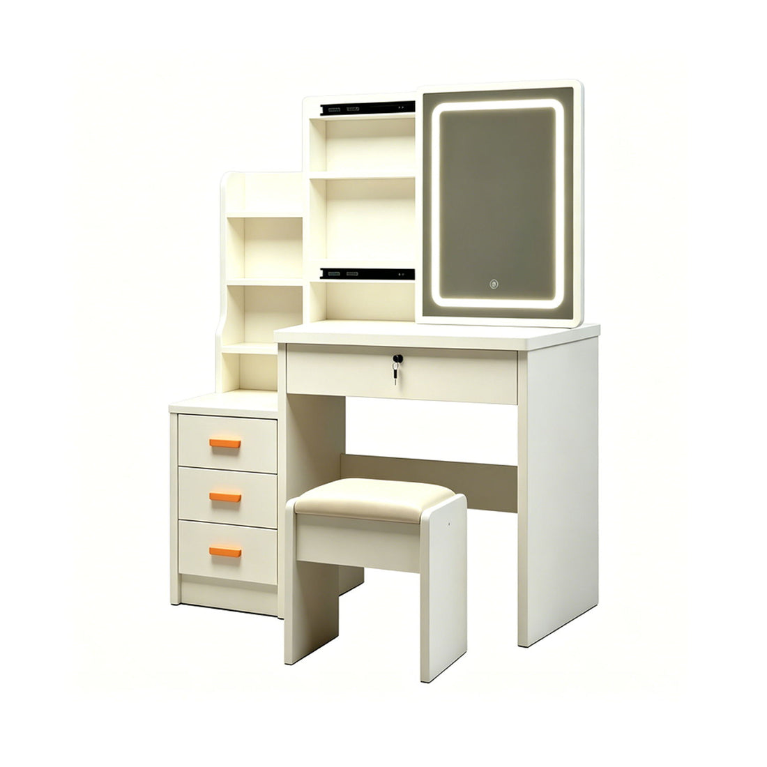 Vanity Set With LED Mirror, Storage Dressing Table &amp; Cushioned Stool - Cream White