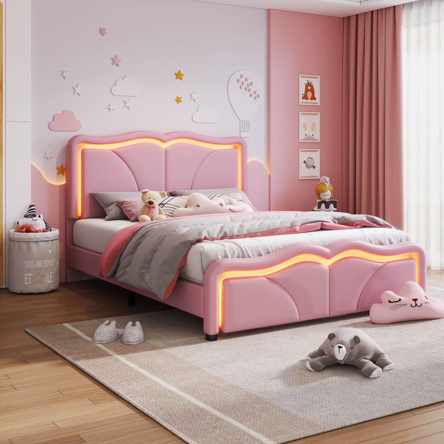 Upholstered Platform Bed &amp; Curve Shaped And Height Adjustable Headboard, LED Light Strips