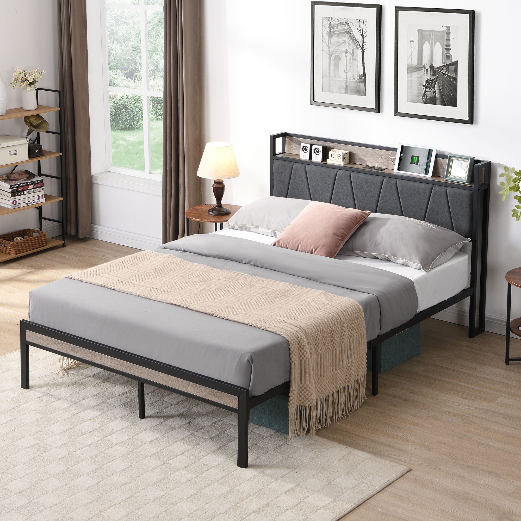 Modern Bed Frame With LED Lights, Upholstered Headboard, USB Charging
