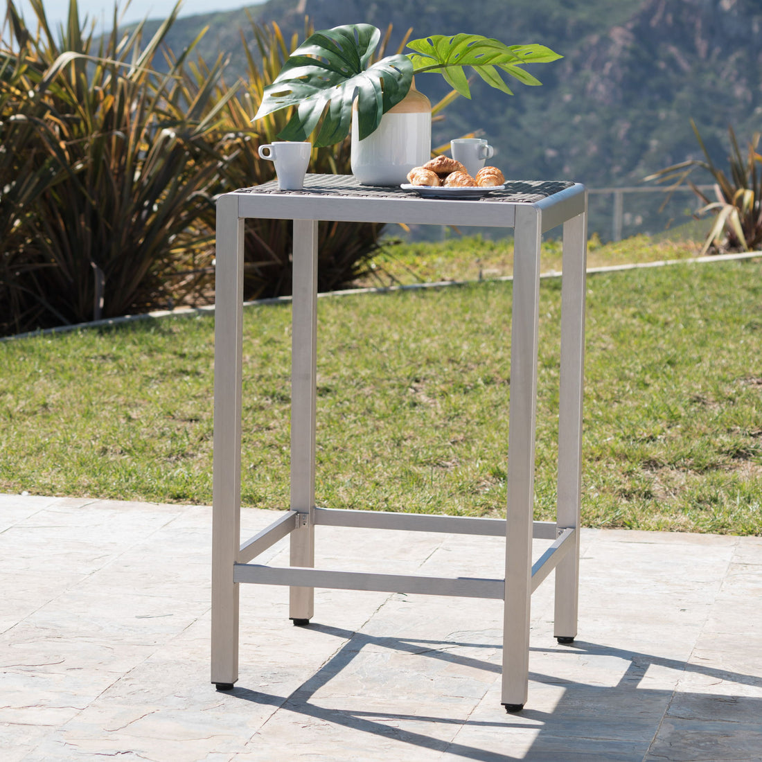 Outdoor 43&quot; Aluminum Bar Table With Rattan Table Top - Gray / Silver