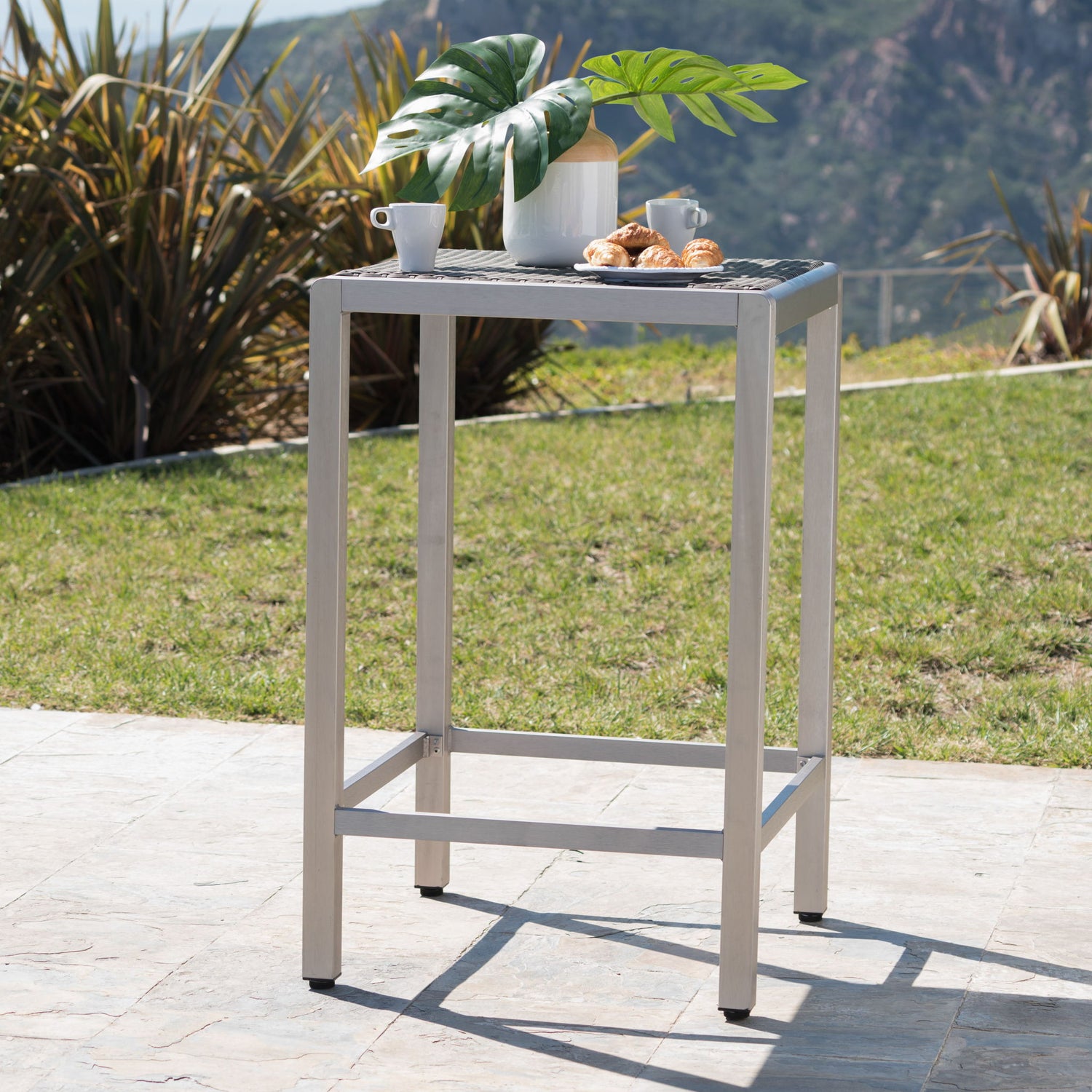 Outdoor 43&quot; Aluminum Bar Table With Rattan Table Top - Gray / Silver