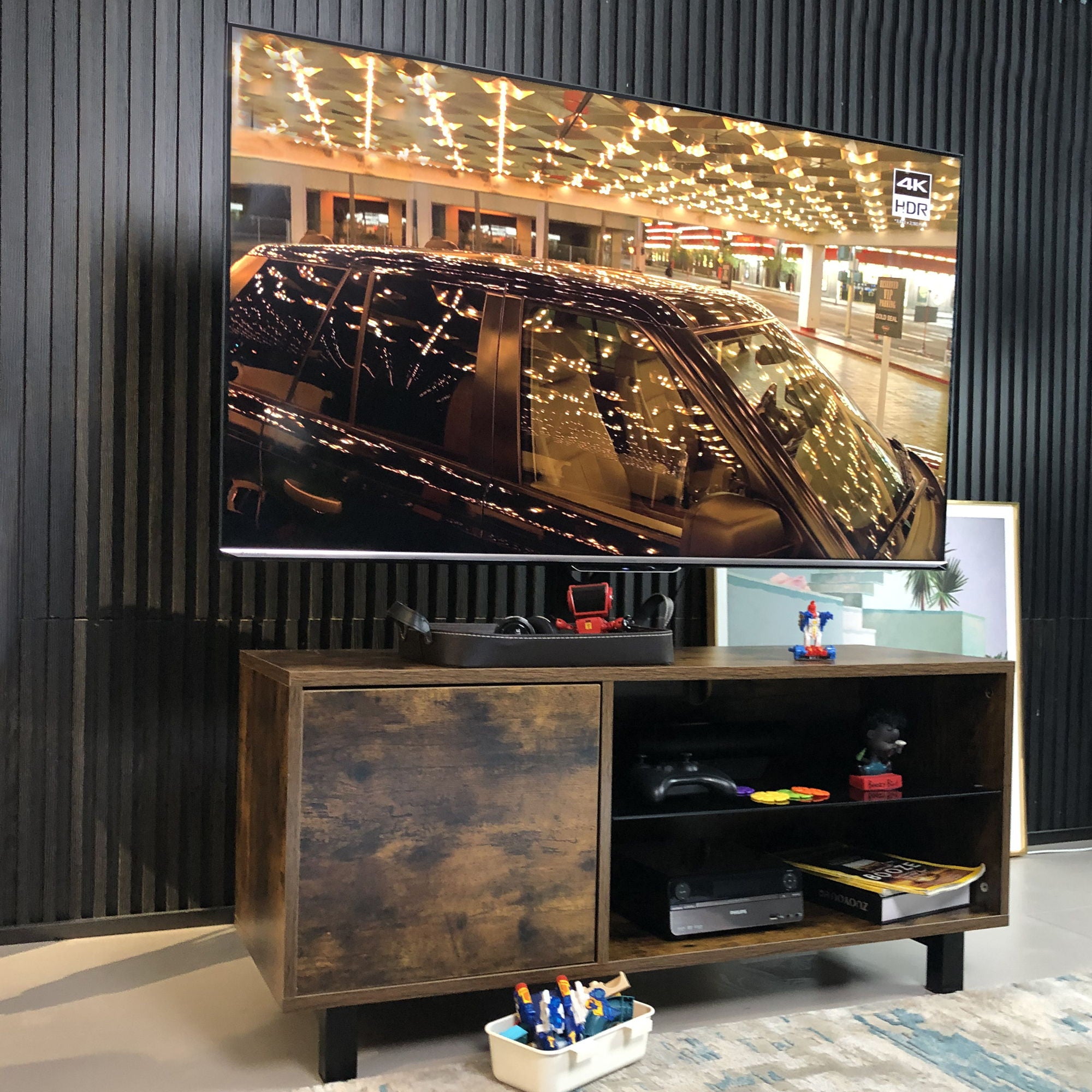Rustic Brown TV Console With Push-To-Open Storage Cabinet For TV, Wood &amp; Glass TV Stand For Living Room Bedroom - Rustic Brown