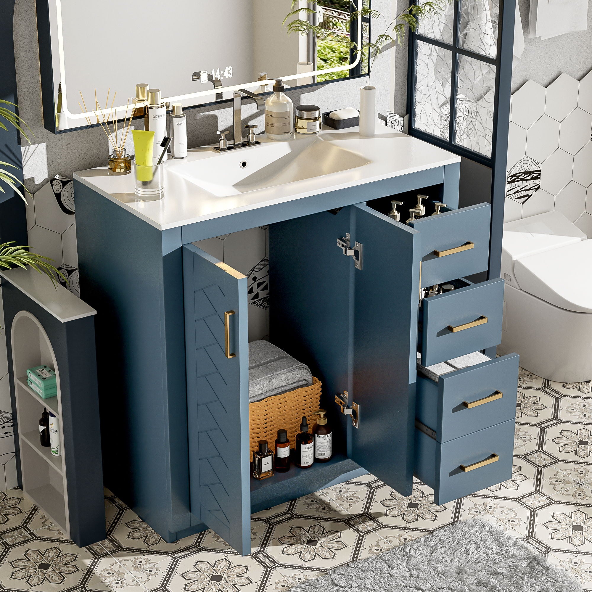 Bathroom Vanity With Sink, Storage Cabinet, Freestanding Set With 3 Drawers &amp; Soft Closing Doors - Indigo