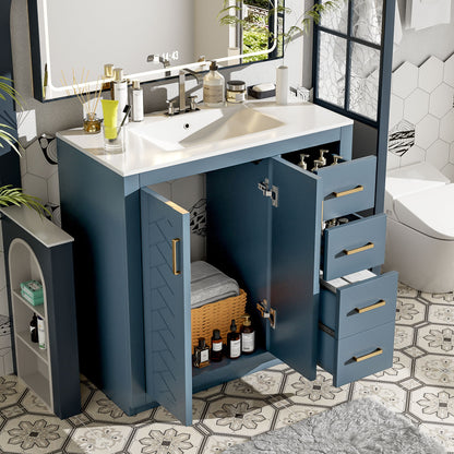 Bathroom Vanity With Sink, Storage Cabinet, Freestanding Set With 3 Drawers &amp; Soft Closing Doors - Indigo