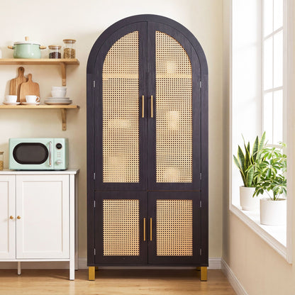 Tall Arched Cabinet With Rattan Doors &amp; Adjustable Shelves