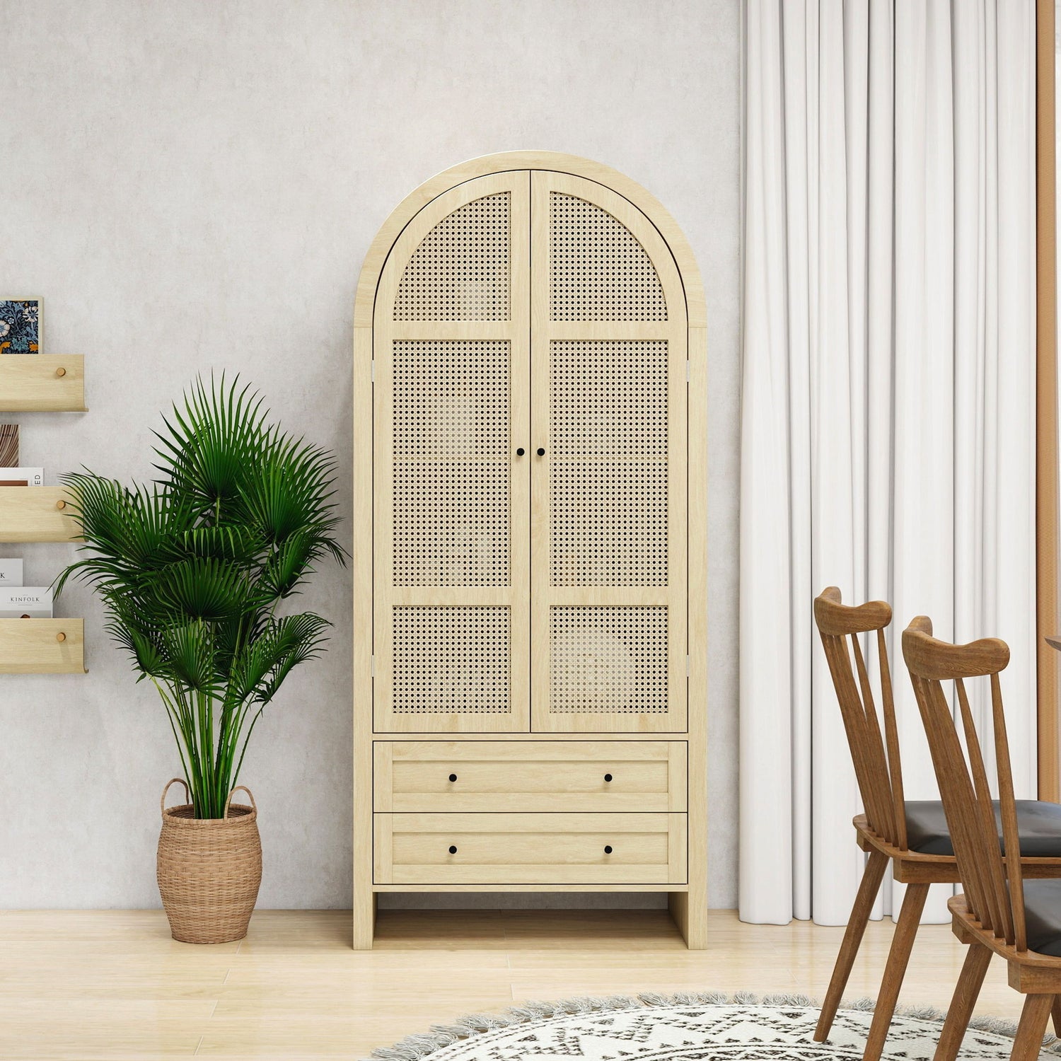 Tall Arched Kitchen Pantry, Arched Storage Display Cabinet With 2 Drawers &amp; Adjustable Shelves, Rattan Door Versatile Storage Cabinet For Kitchen, Dining Room, Living Room - Natural