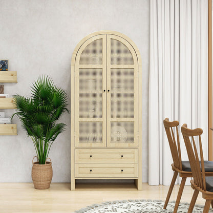 Tall Arched Kitchen Pantry, Arched Storage Display Cabinet With 2 Drawers &amp; Adjustable Shelves, Rattan Door Versatile Storage Cabinet For Kitchen, Dining Room, Living Room - Natural