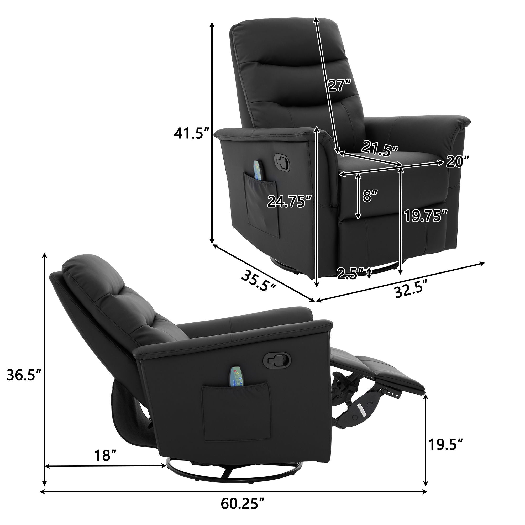 Manual Recliner Chair With 8 Point Massage And Swivel Function