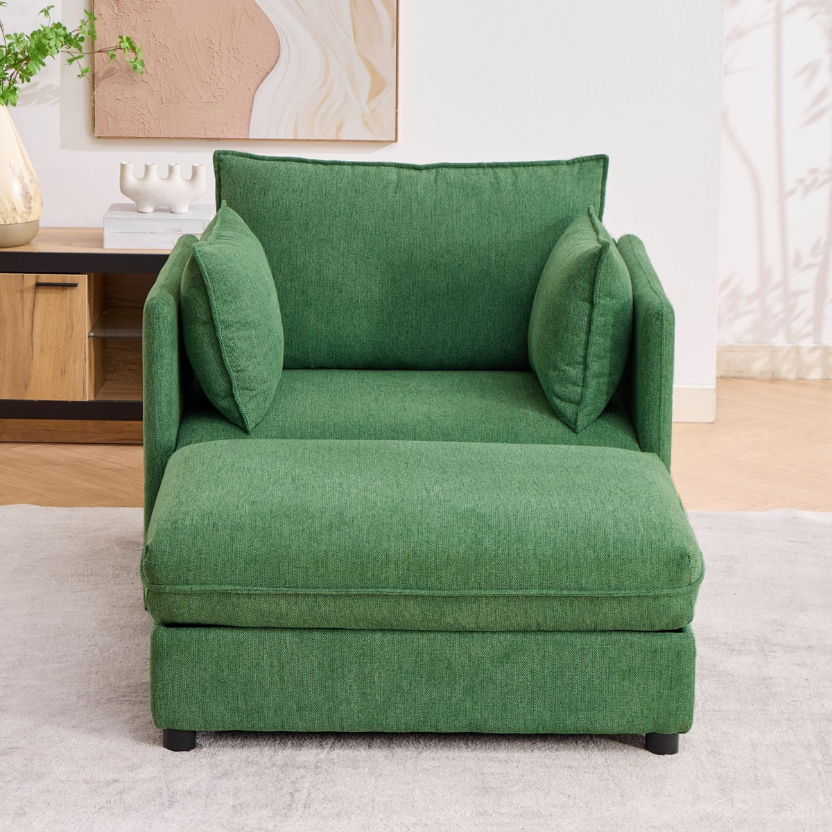Oversized Deep Seat Accent Chair With Matching Storage Ottoman &amp; Throw Pillows