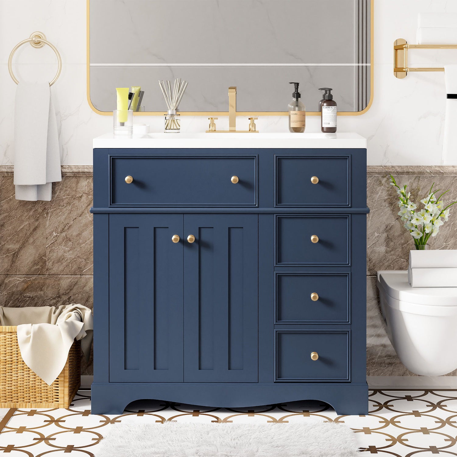 Bathroom Vanity With Resin Sink Combo, Frame Bathroom Storage Cabinet, Freestanding Vanity Set With 3 Drawers &amp; Adjustable Shelf - Blue