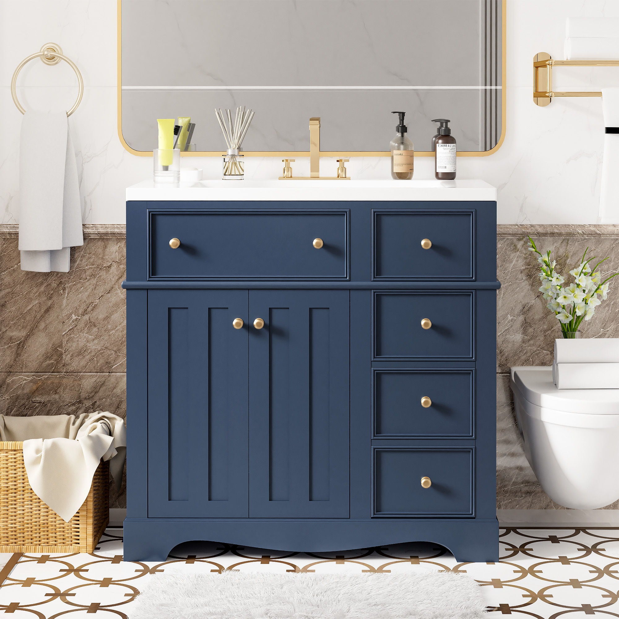 Bathroom Vanity With Resin Sink Combo, Frame Bathroom Storage Cabinet, Freestanding Vanity Set With 3 Drawers &amp; Adjustable Shelf - Blue