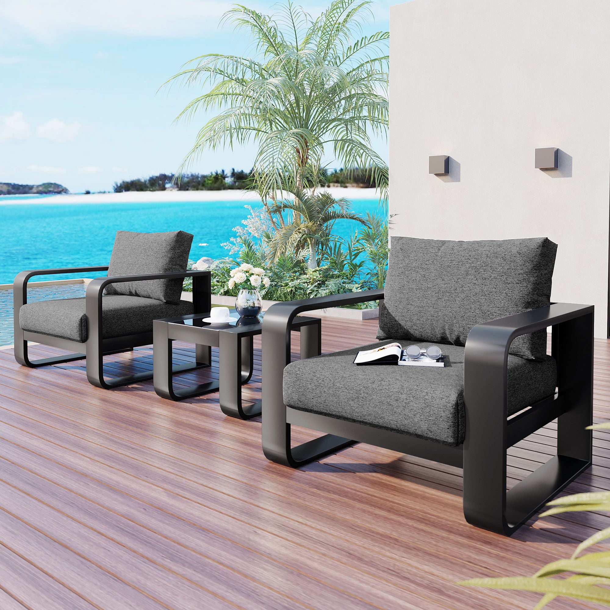 3 Piece Aluminum Frame Patio Furniture With 6.7&quot; Thick Cushion And Coffee Table, All Weather Use Olefin Fabric Outdoor Chair - Gray / Black
