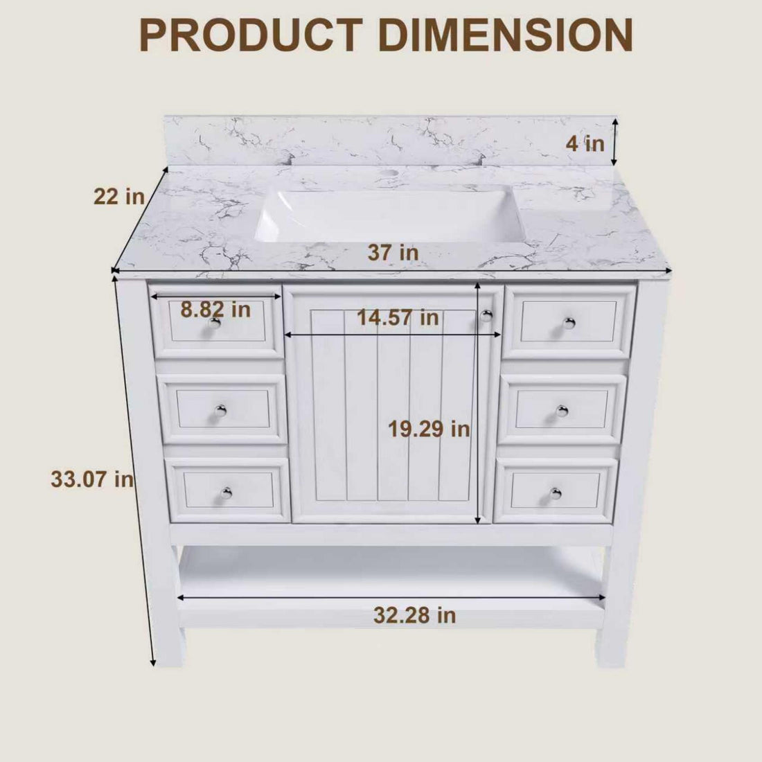 37&quot; Bathroom Vanity, Multi Functional Cabinet With Doors And Drawers, Frame, Single Faucet Hole - White