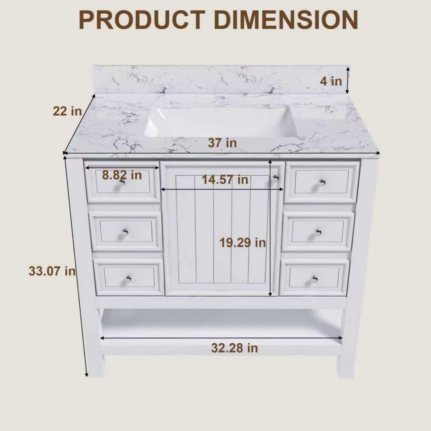 37&quot; Bathroom Vanity, Multi Functional Cabinet With Doors And Drawers, Frame, Single Faucet Hole - White