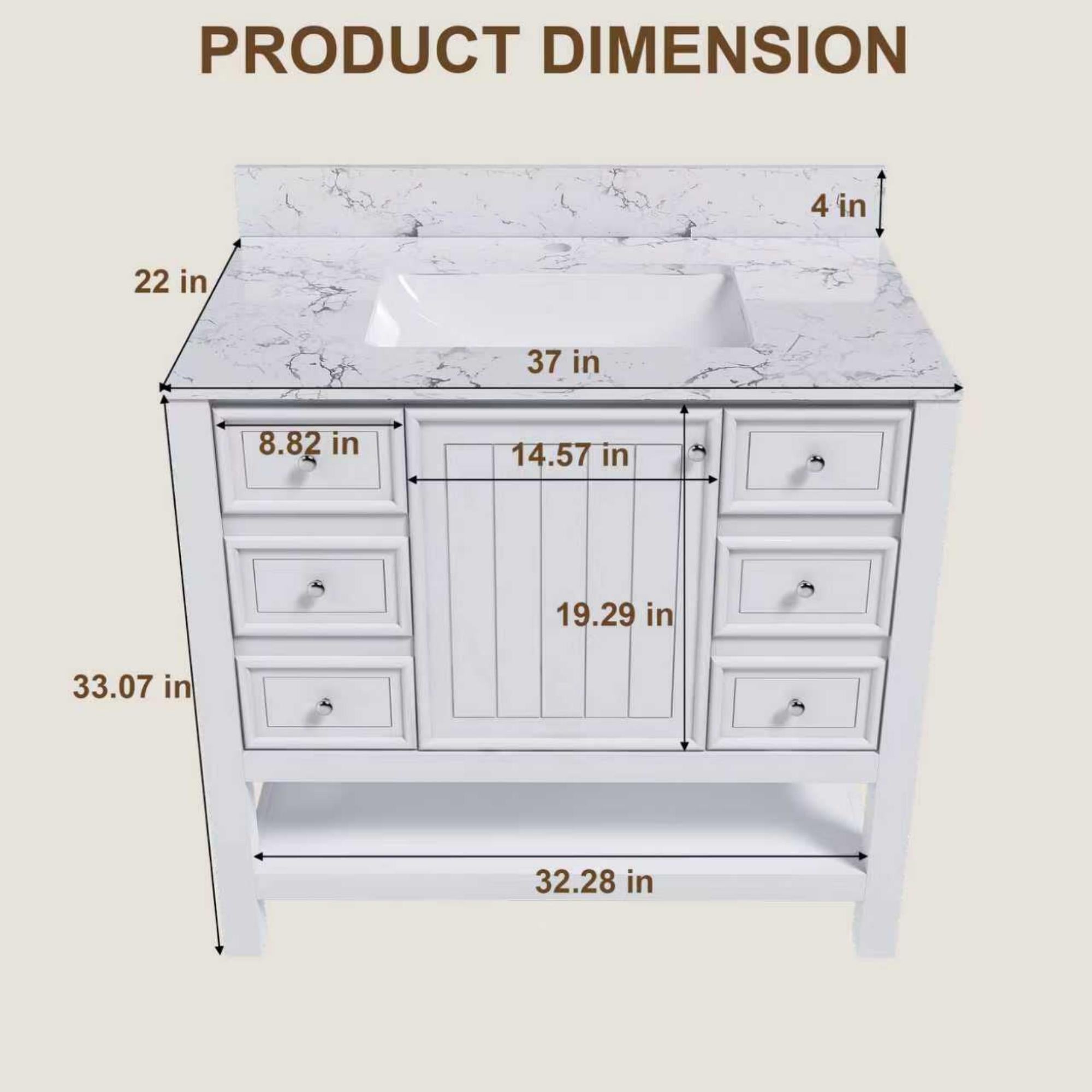 37&quot; Bathroom Vanity, Multi Functional Cabinet With Doors And Drawers, Frame, Single Faucet Hole - White