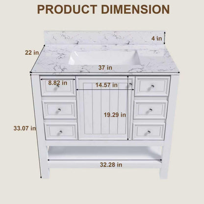37&quot; Bathroom Vanity, Multi Functional Cabinet With Doors And Drawers, Frame, Single Faucet Hole - White
