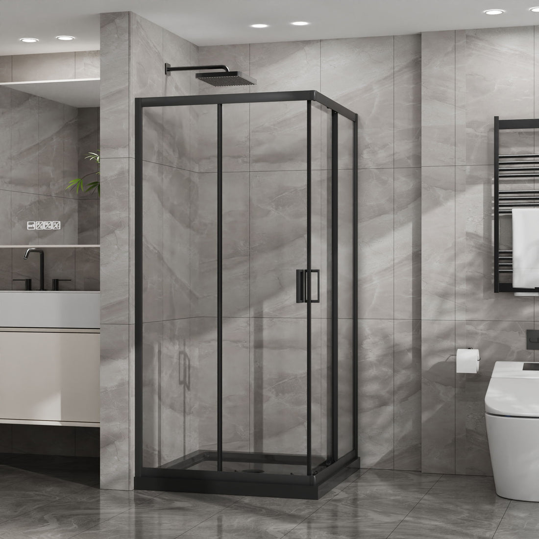 Corner Shower Enclosure, Double Sliding Door With Shower Base - Matte Black