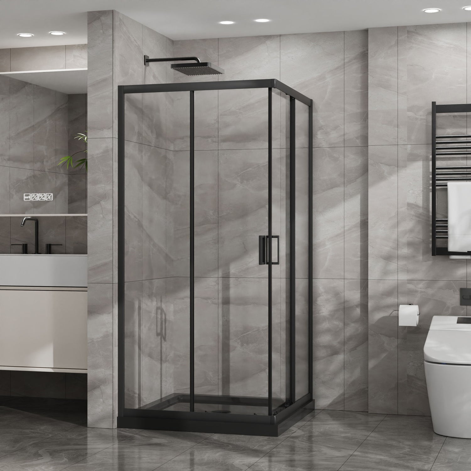 Corner Shower Enclosure, Double Sliding Door With Shower Base - Matte Black