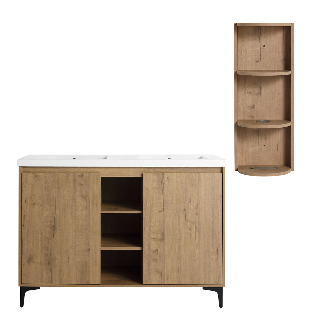Elegant 48&quot; Freestanding Bathroom Vanity With Double Resin Sink And Storage Rack Soft Close Doors - Imitative Oak