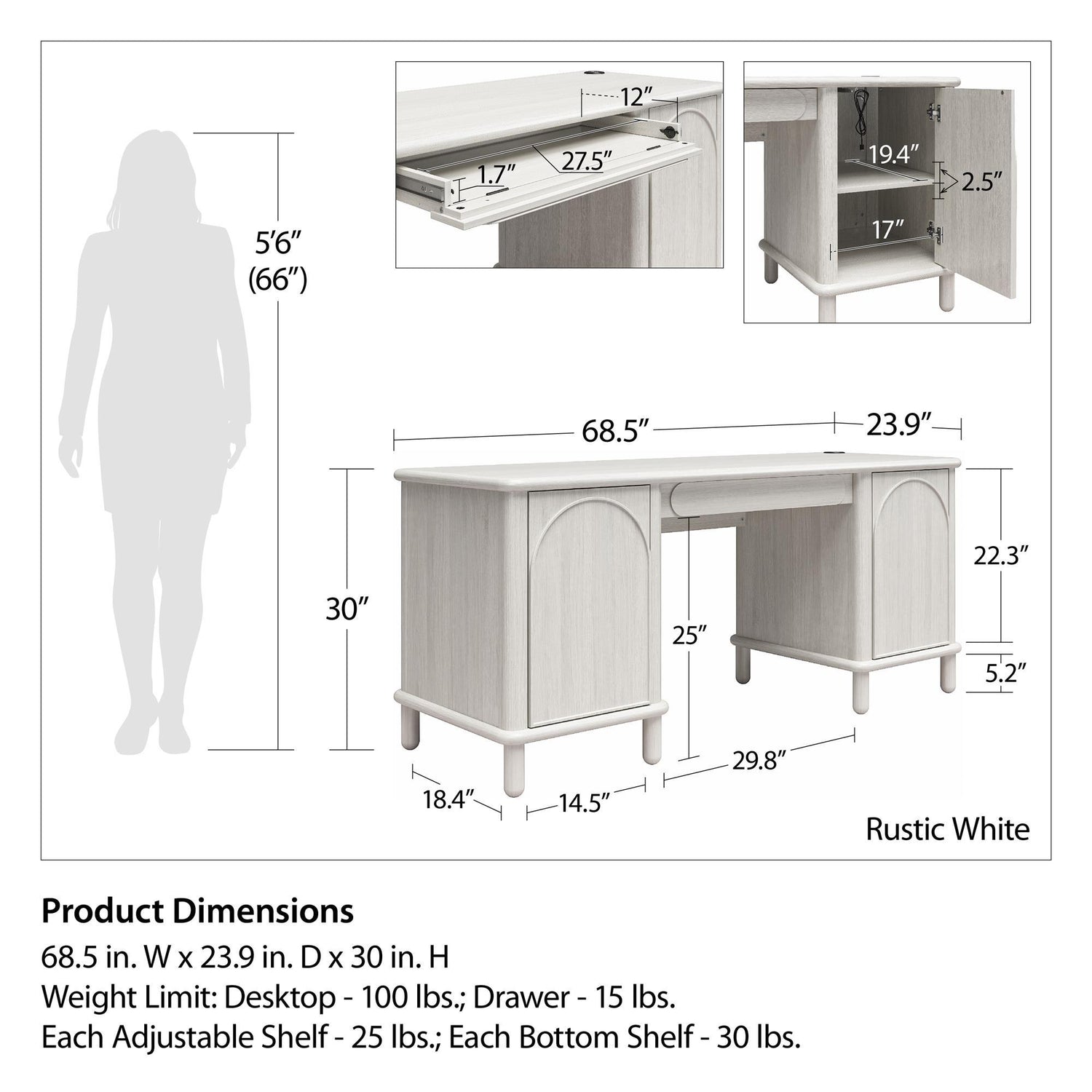 Selena - Double Pedestal Desk - Rustic White