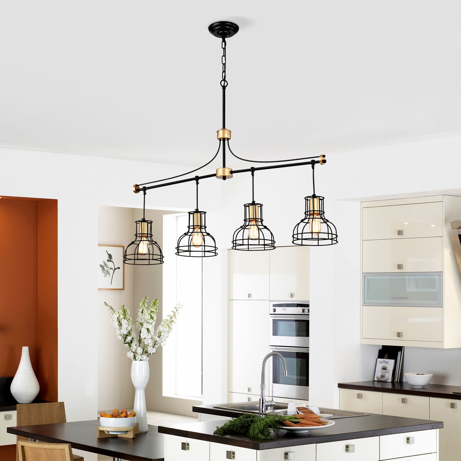 Dining Room Light Fixture / Chandelier Table, 40 -&quot; Hanging For Farmhouse Linear Chandeliers, 5 Light Kitchen Island Lighting Ceiling Chandelier, With Metal Lampshade - Gold / Matte Black