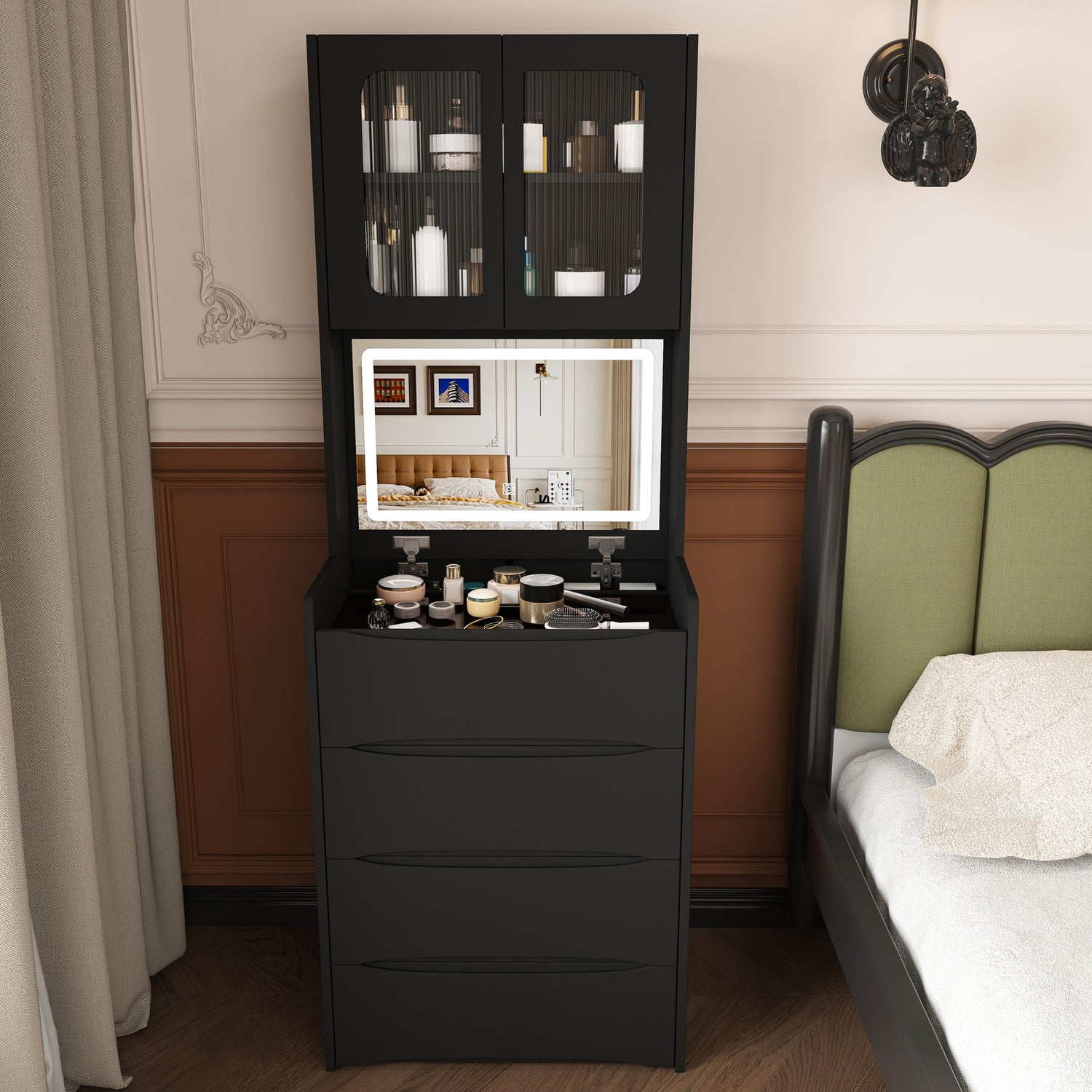 3 In 1 Vanity Table With LED Mirror &amp; Storage Stool For Bedroom