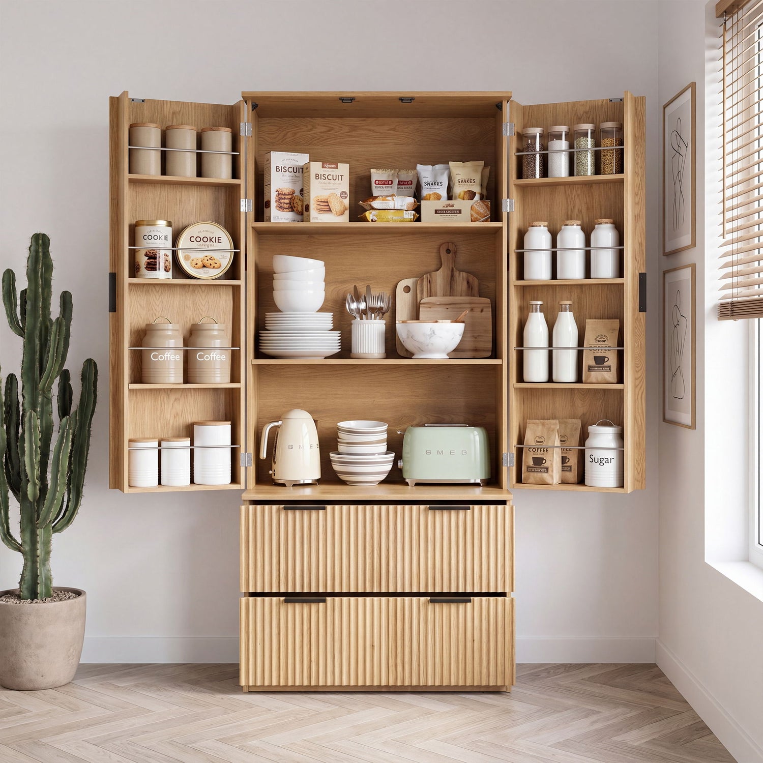 Fluted Kitchen Pantry Cabinet With 2 Large Drawers &amp; 8 Door Spice Rack Freestanding Storage Organizer - Oak