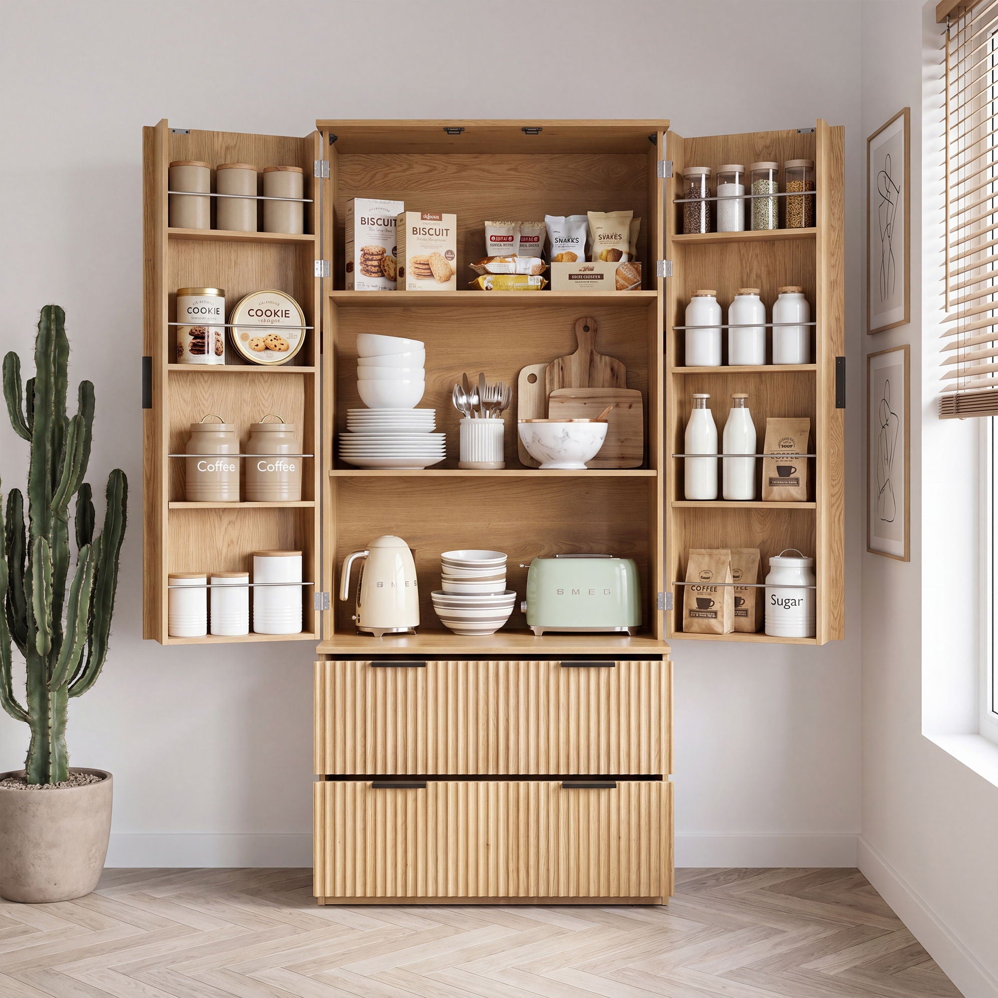 Fluted Kitchen Pantry Cabinet With 2 Large Drawers &amp; 8 Door Spice Rack Freestanding Storage Organizer - Oak