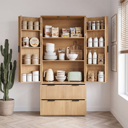 Fluted Kitchen Pantry Cabinet With 2 Large Drawers &amp; 8 Door Spice Rack Freestanding Storage Organizer - Oak