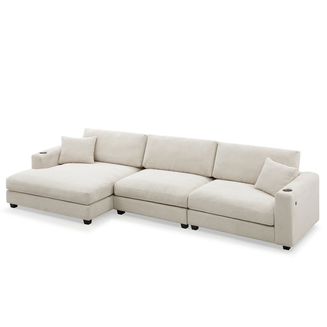 Oversized Corduroy Sectional Sofa, L Shaped Cloud Couch With USB Charging Port, Cup Holder, Deep Seat Sofa Bed With 50&quot; Chaise, Comfy Indoor Furniture For Living Room