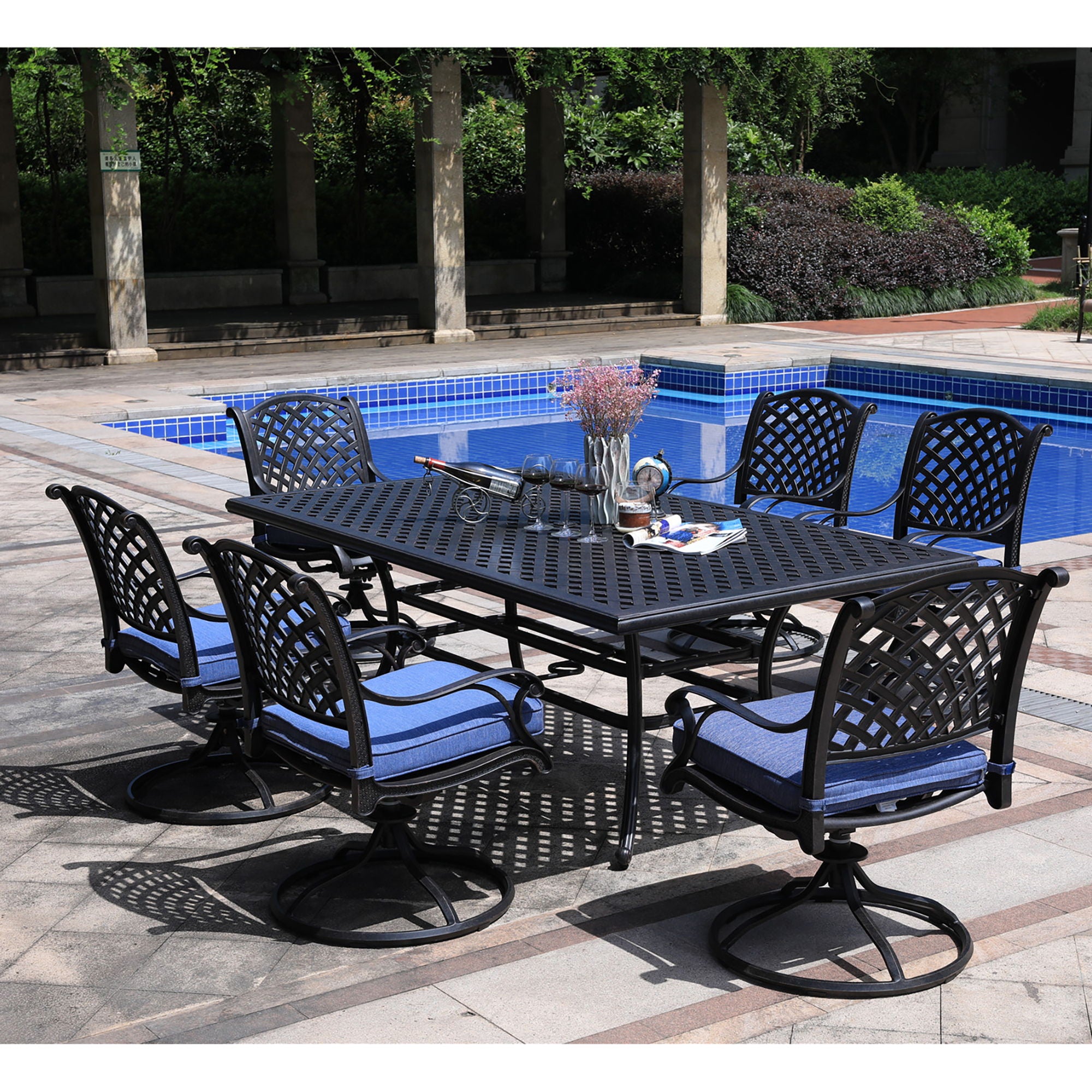 Rectangular 6 Person 85.83&quot; Long Aluminum Dining Set With Cushions