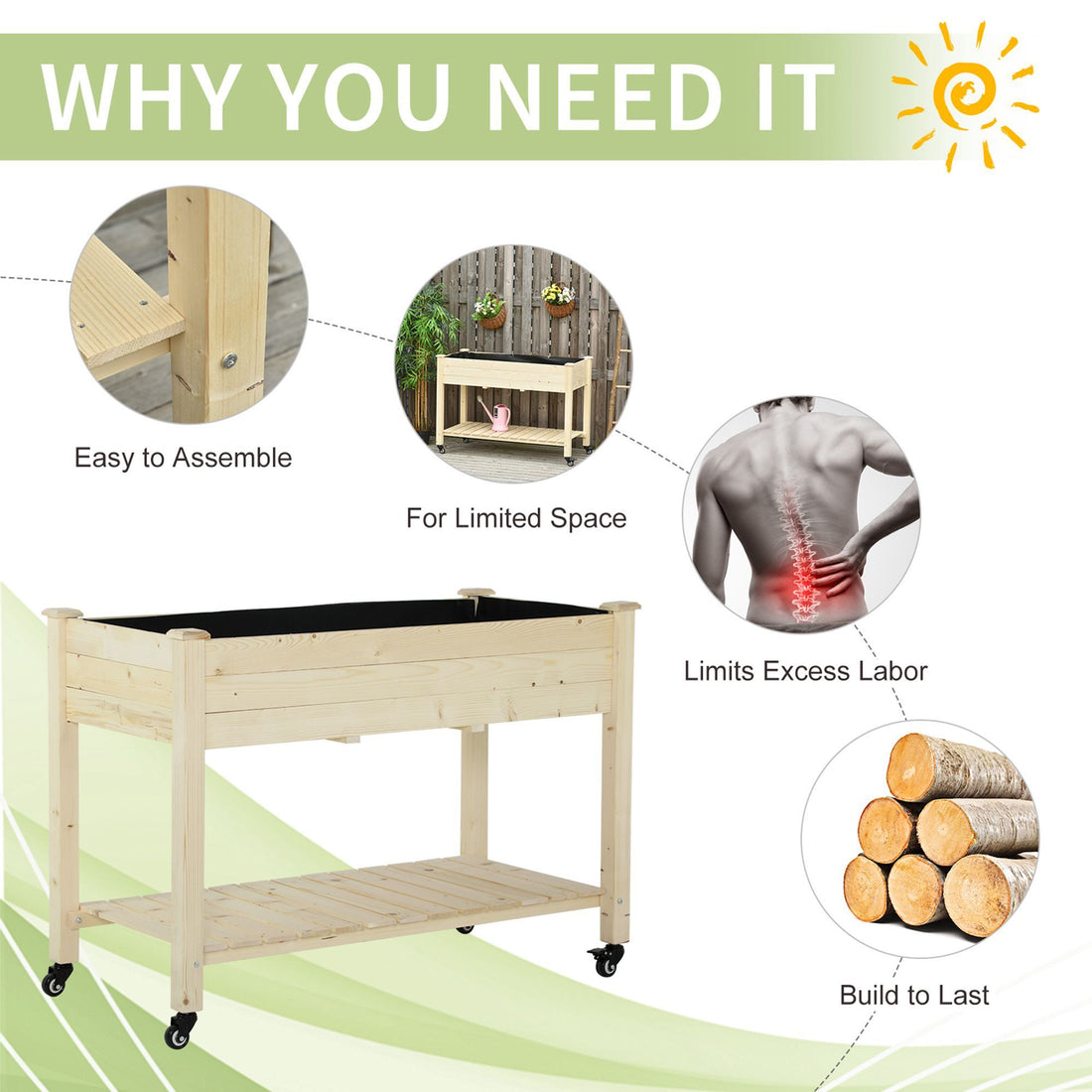 Outsunny - Raised Garden Bed, 47&quot; x 22&quot; x 33&quot;, Elevated Wooden Planter Box With Lockable Wheels, Storage Shelf, And Bed Liner For Backyard, Patio - Natural
