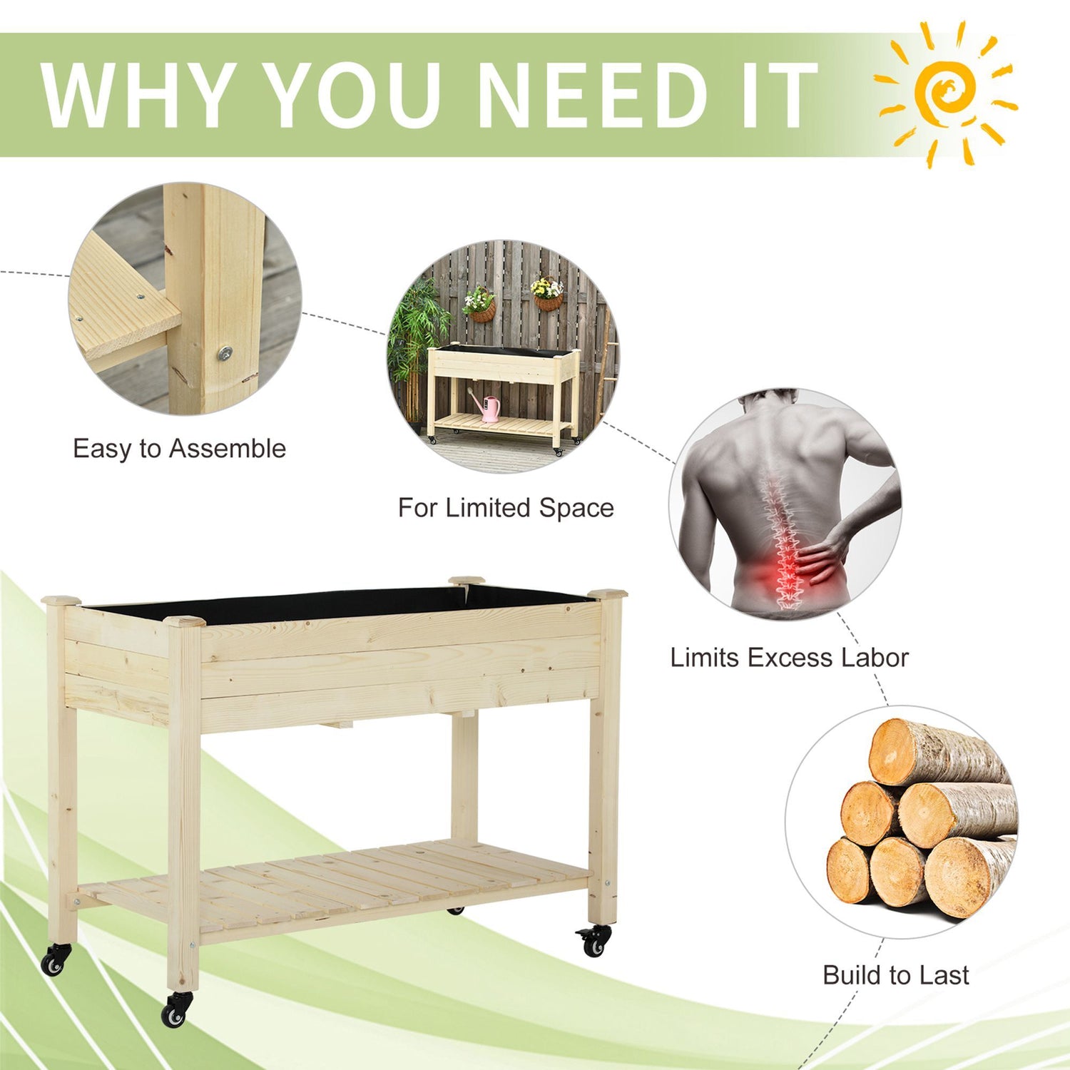 Outsunny - Raised Garden Bed, 47&quot; x 22&quot; x 33&quot;, Elevated Wooden Planter Box With Lockable Wheels, Storage Shelf, And Bed Liner For Backyard, Patio - Natural