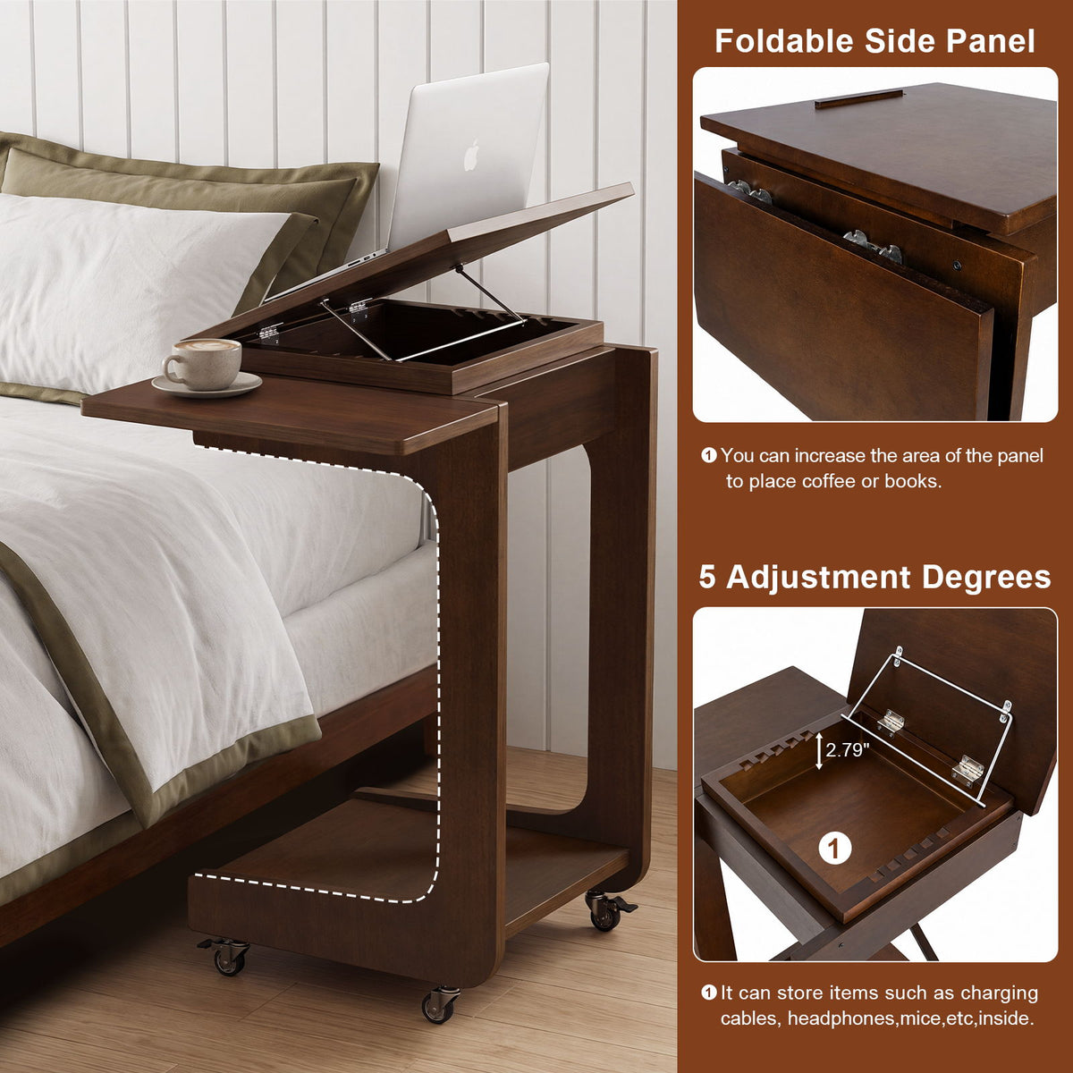 C - Shaped End Table, Rolling With 360° Adjustable &amp; Foldable Desktop, Couch Table With Laptop Stand For Living Room - Walnut