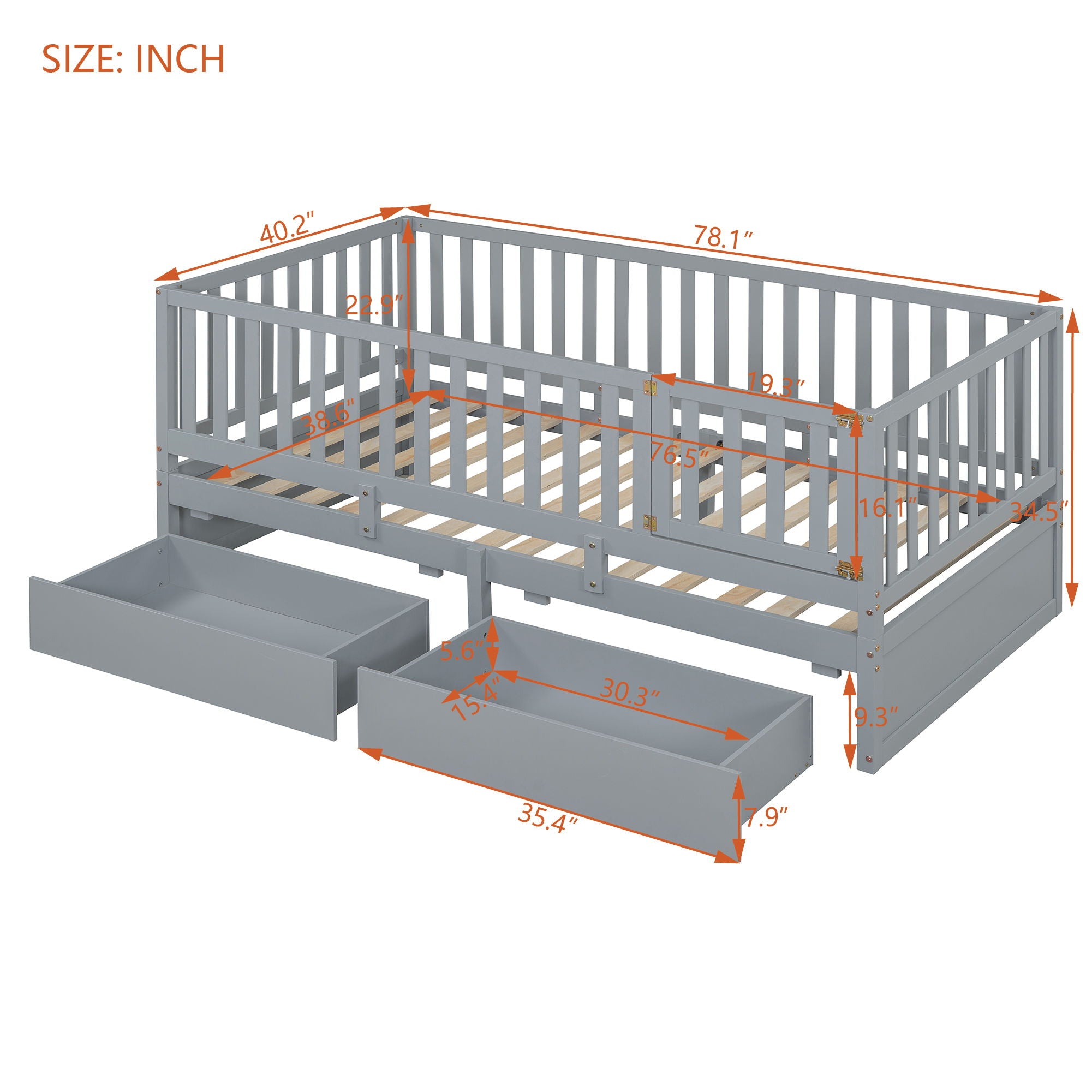 Daybed With Fence Guardrails And 2 Drawers, Split Into Independent Floor Bed &amp; Daybed