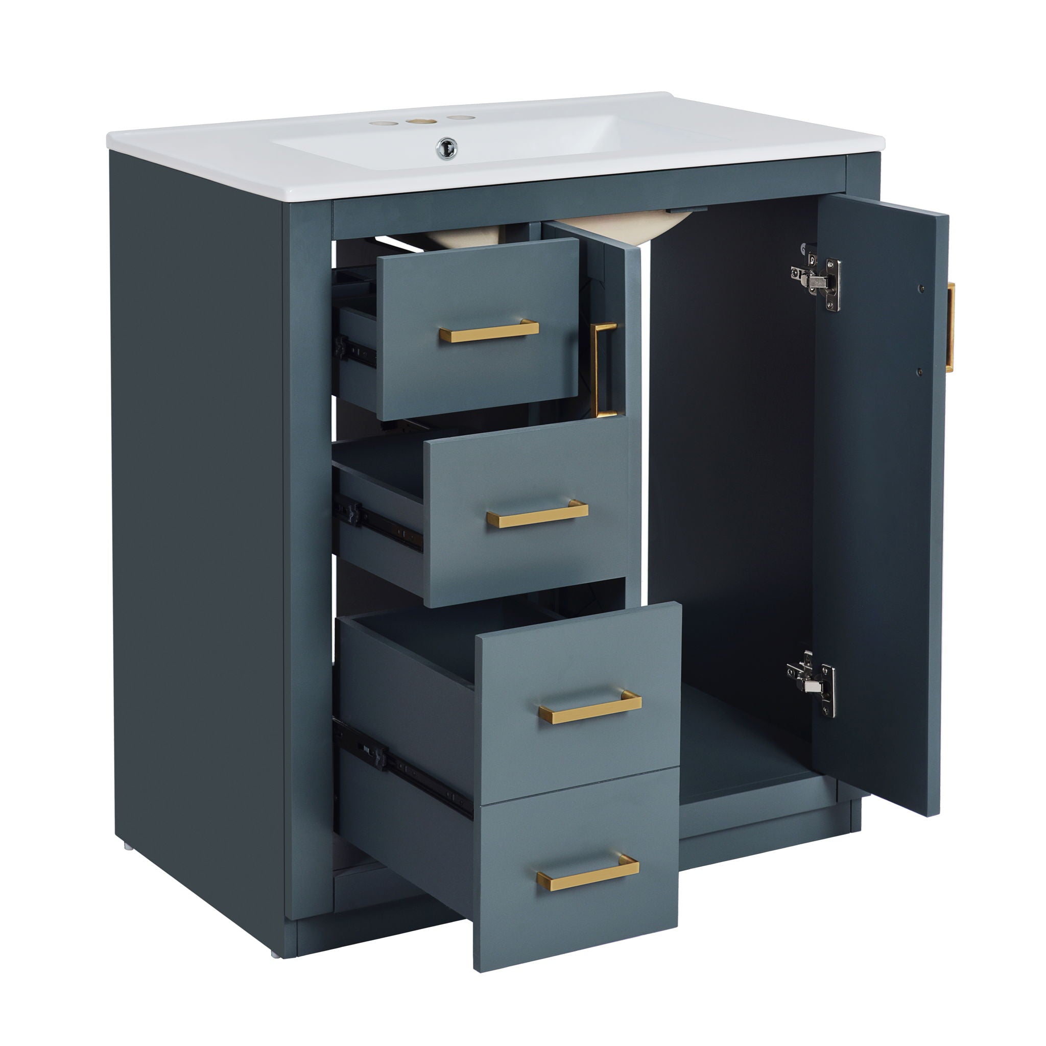 Ceramic Sink Combo, Freestanding Vanity Set With 3 Drawers &amp; Soft Closing Doors
