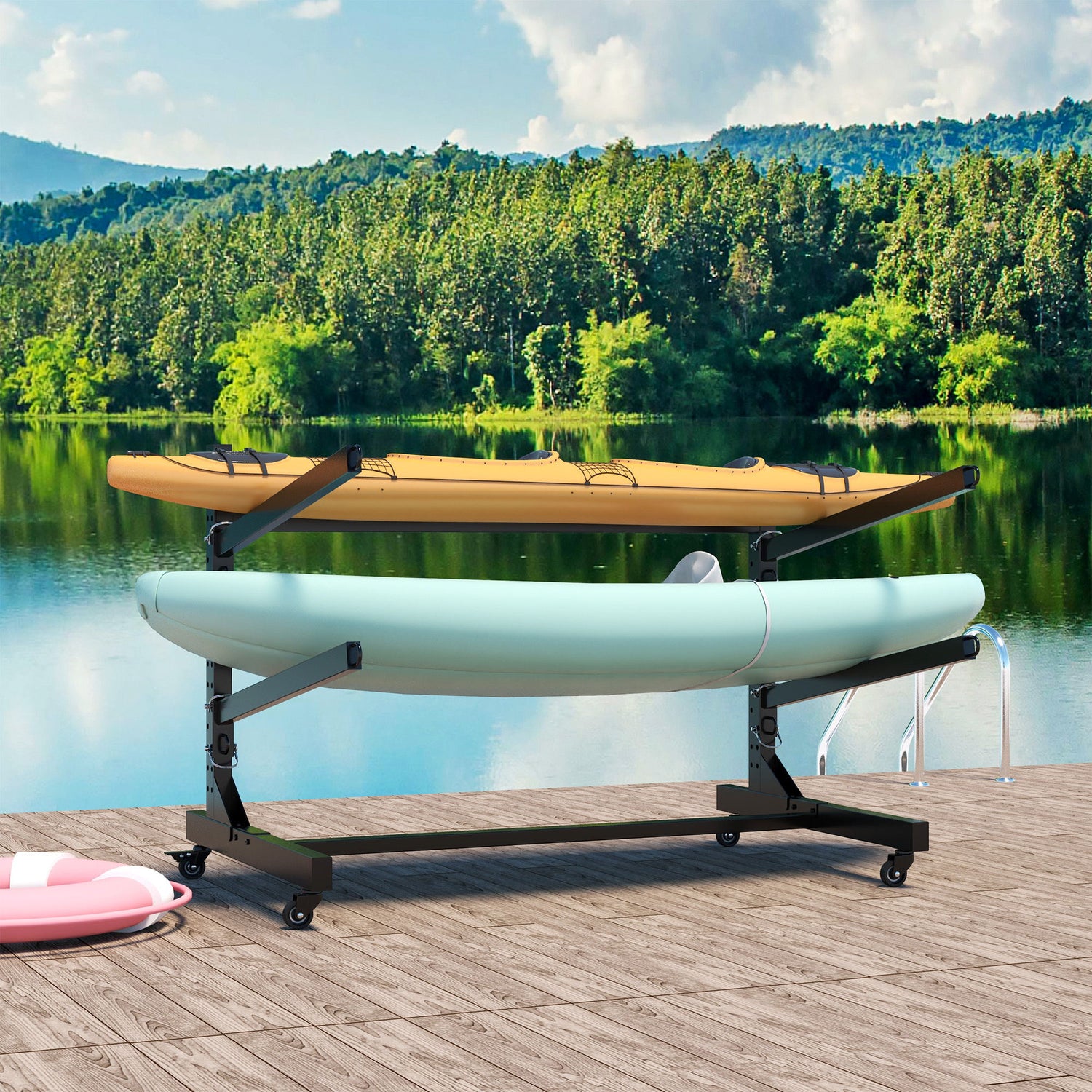 Freestanding Kayak Storage Rack With Lockable Wheels For Kayak, Canoe, Sup &amp; Surfboard