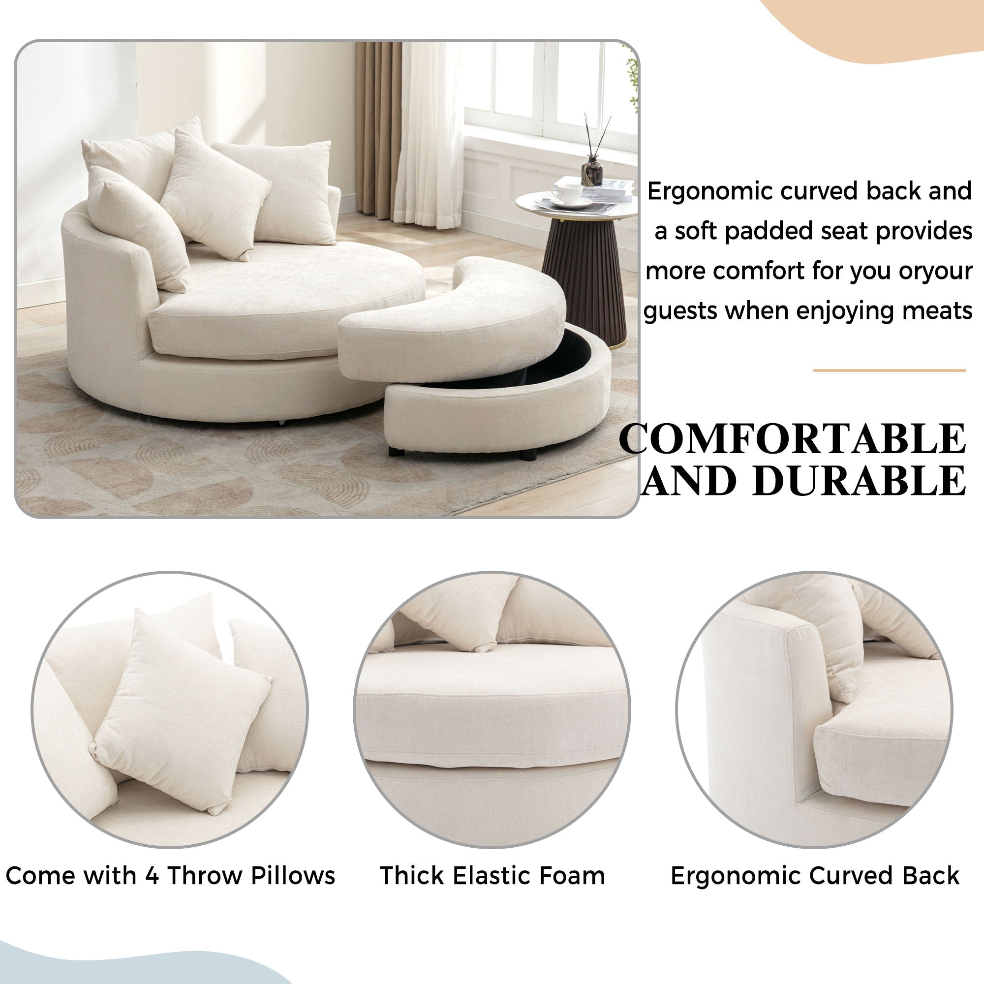 360° Swivel Accent Barrel Chair With Storage Ottoman &amp; 4 Pillows, Modern Chenille Leisure Chair Round Accent For Living Room