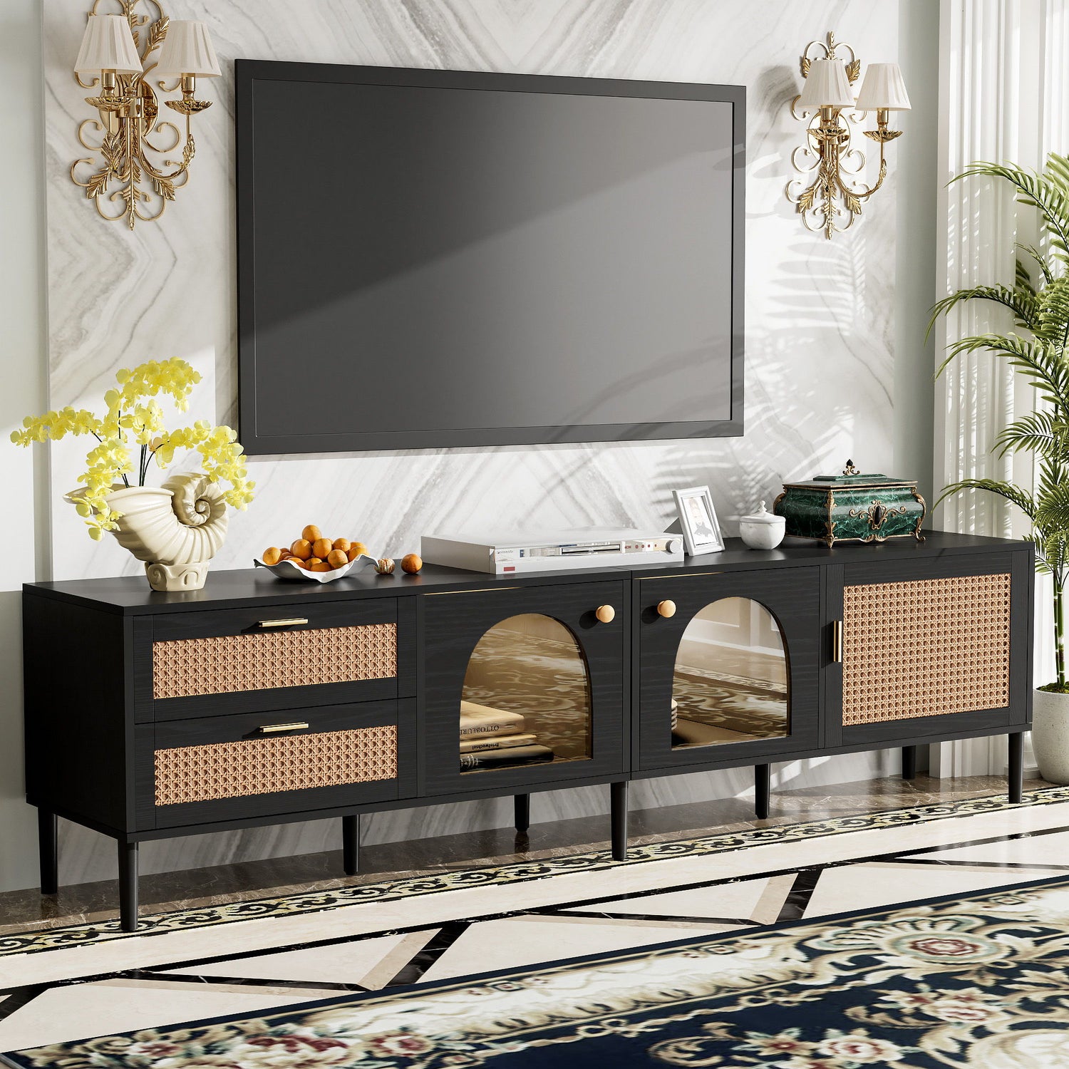 Rattan TV Stand With 3 Cabinets &amp; 2 Drawers, Rattan-Inspired Media Console Table For Tvs Up To 80&