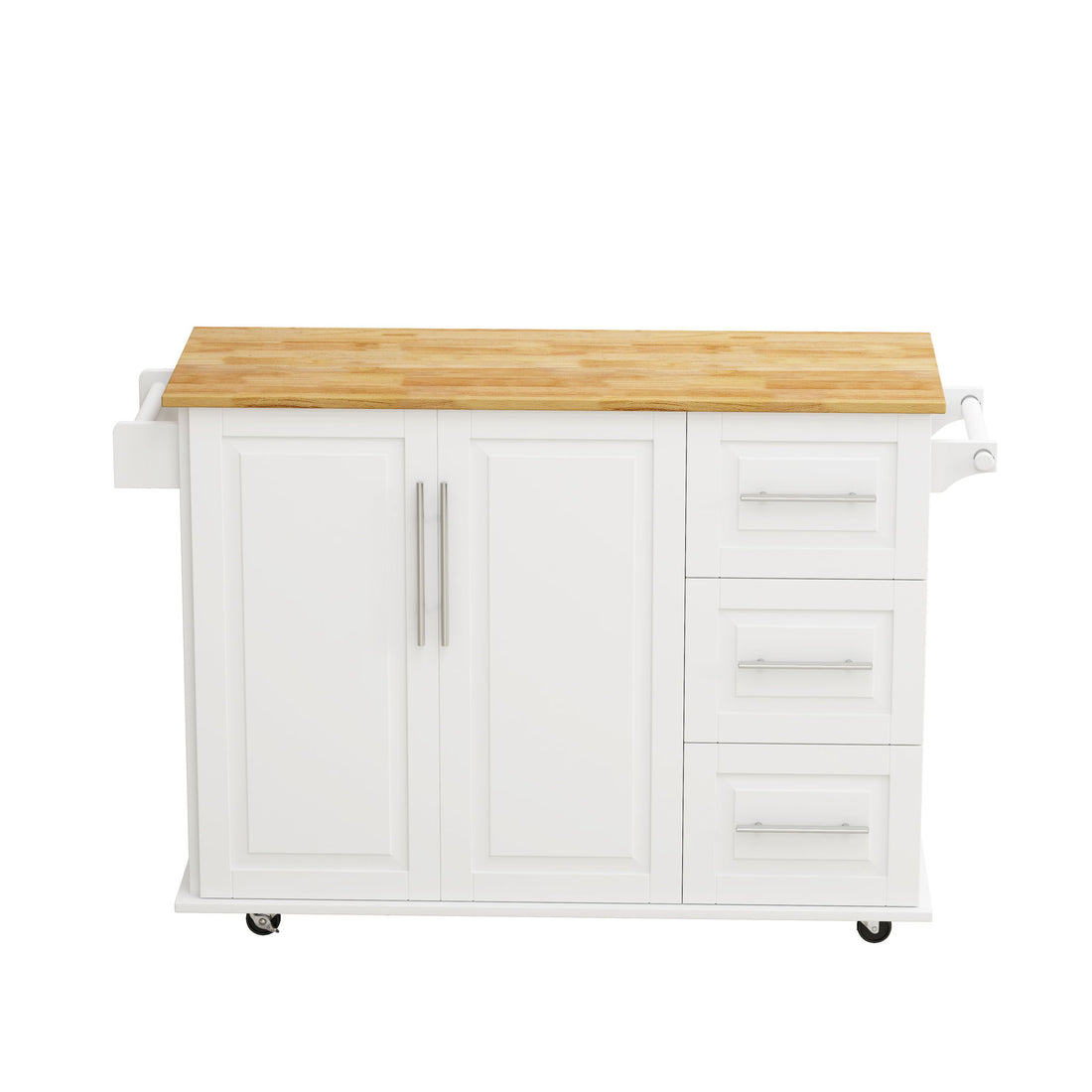 Kitchen Island Cart With 2 Door Cabinet, 3 Drawers, Spice Rack &amp; Towel Rack - White