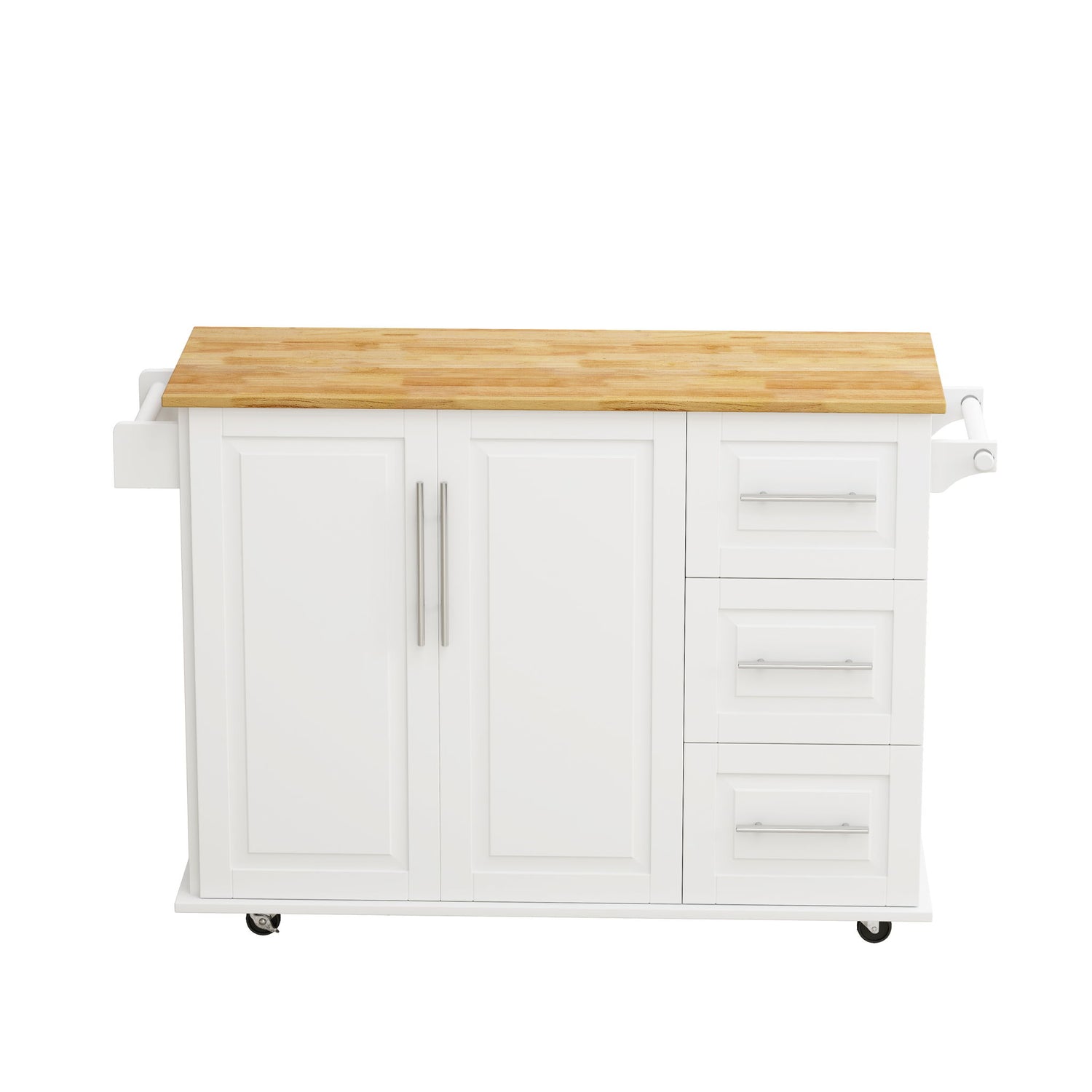 Kitchen Island Cart With 2 Door Cabinet, 3 Drawers, Spice Rack &amp; Towel Rack - White