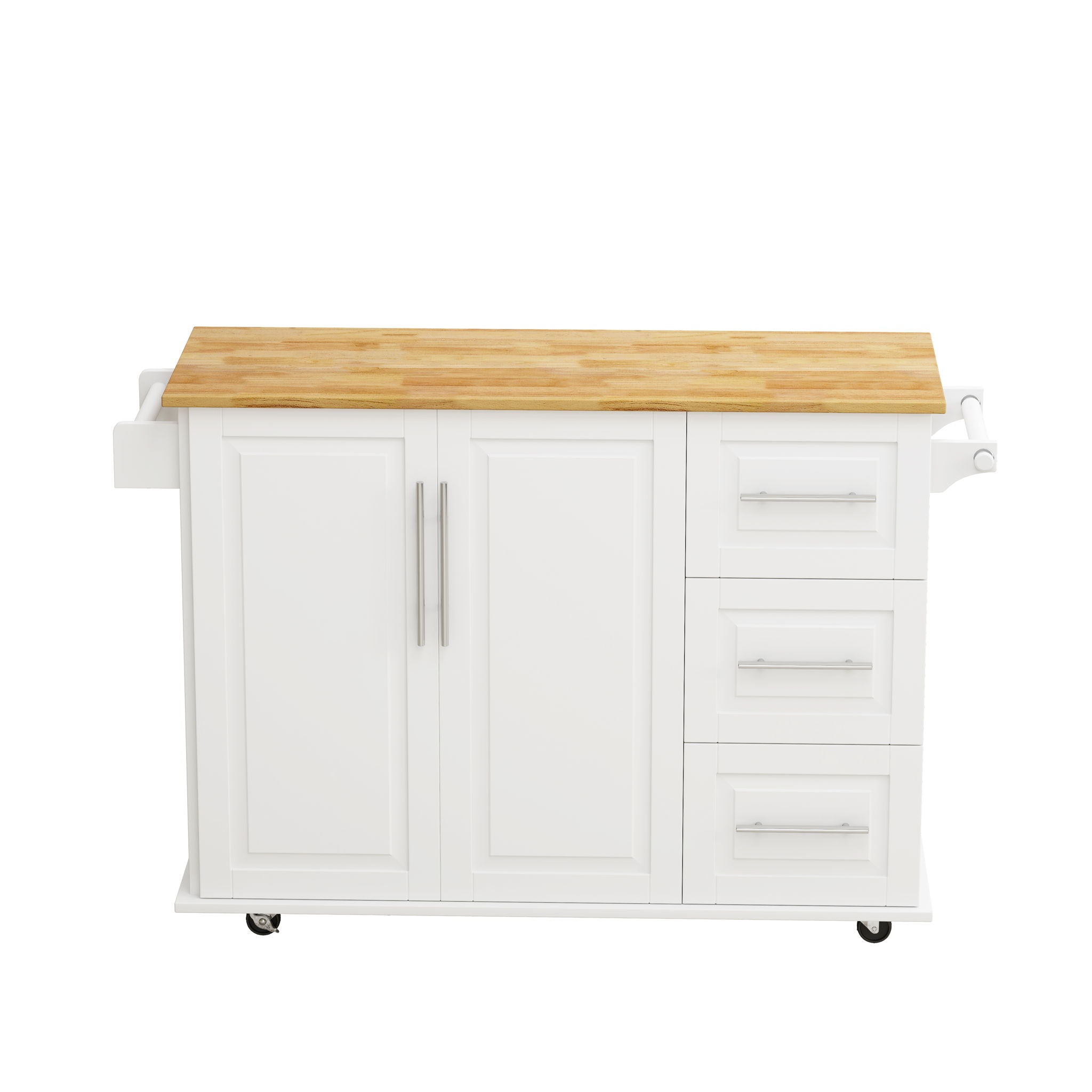 Kitchen Island Cart With 2 Door Cabinet, 3 Drawers, Spice Rack &amp; Towel Rack - White