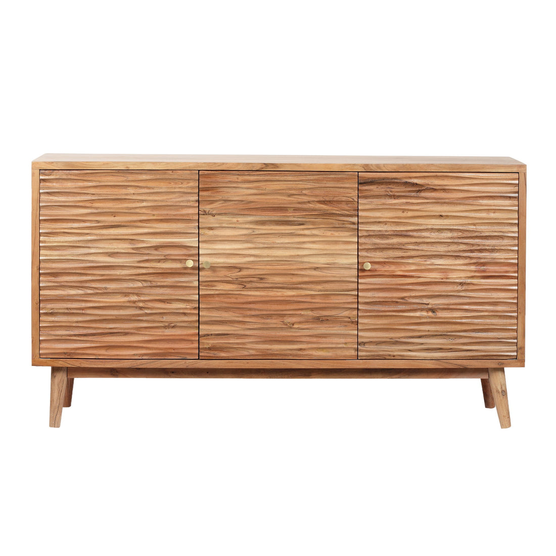 Boho Handcrafted 3 Door Sideboard, Carved Texture &amp; Artisanal Charm - Natural