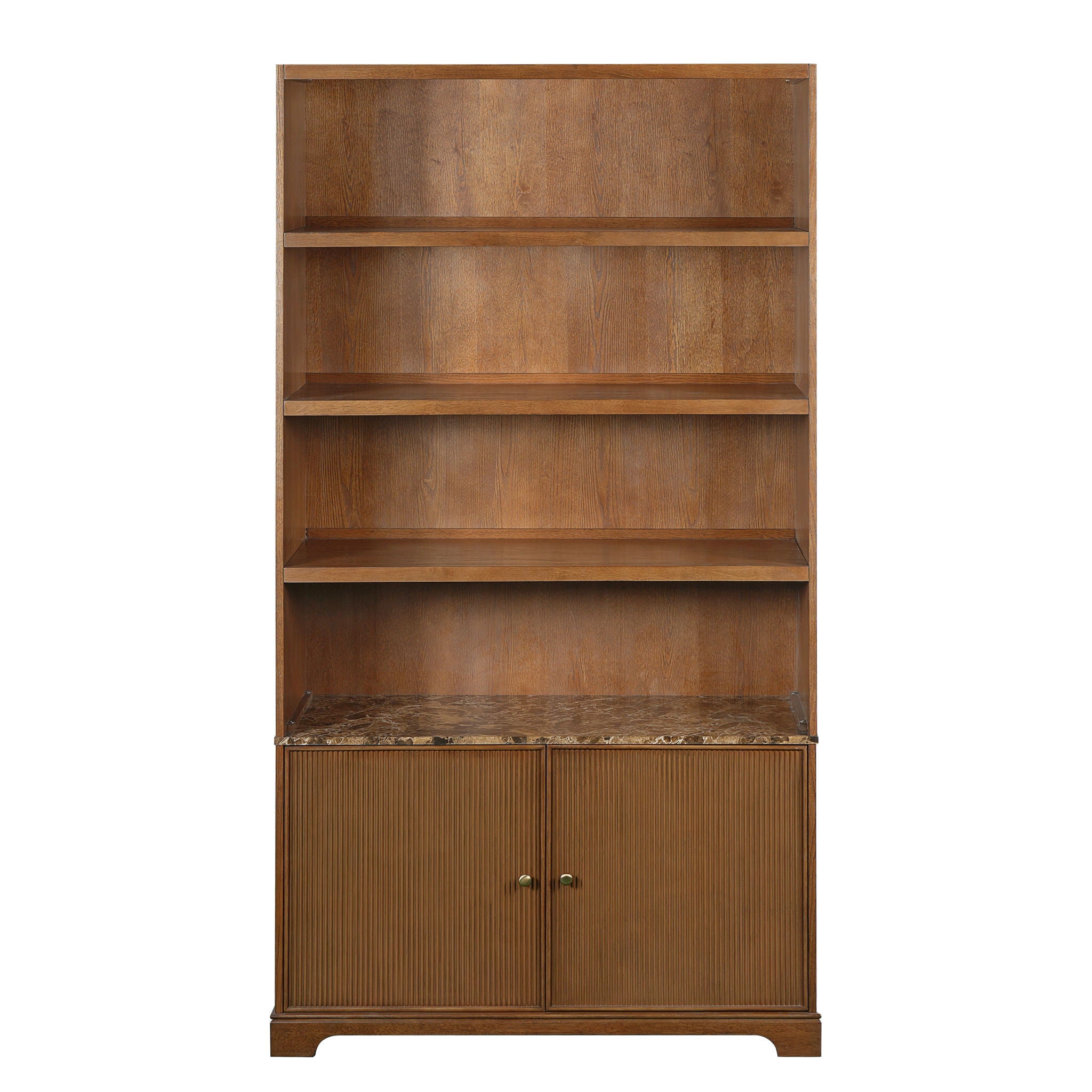 Tall Bookcase Storage Cabinet With 3 Open Shelves &amp; Fluted Double Doors